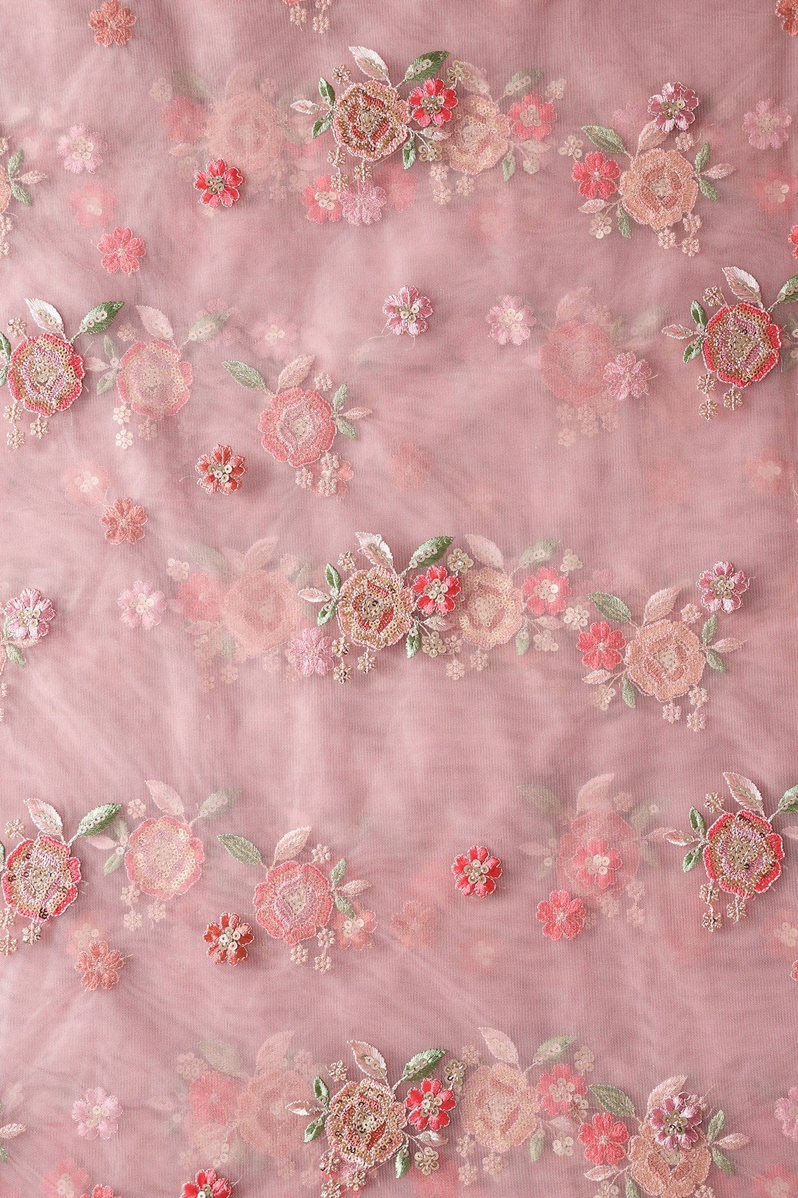 doeraa Embroidery Fabrics Multi Thread With Gold Sequins Small Floral Embroidery On Dusty Pink Soft Net Fabric