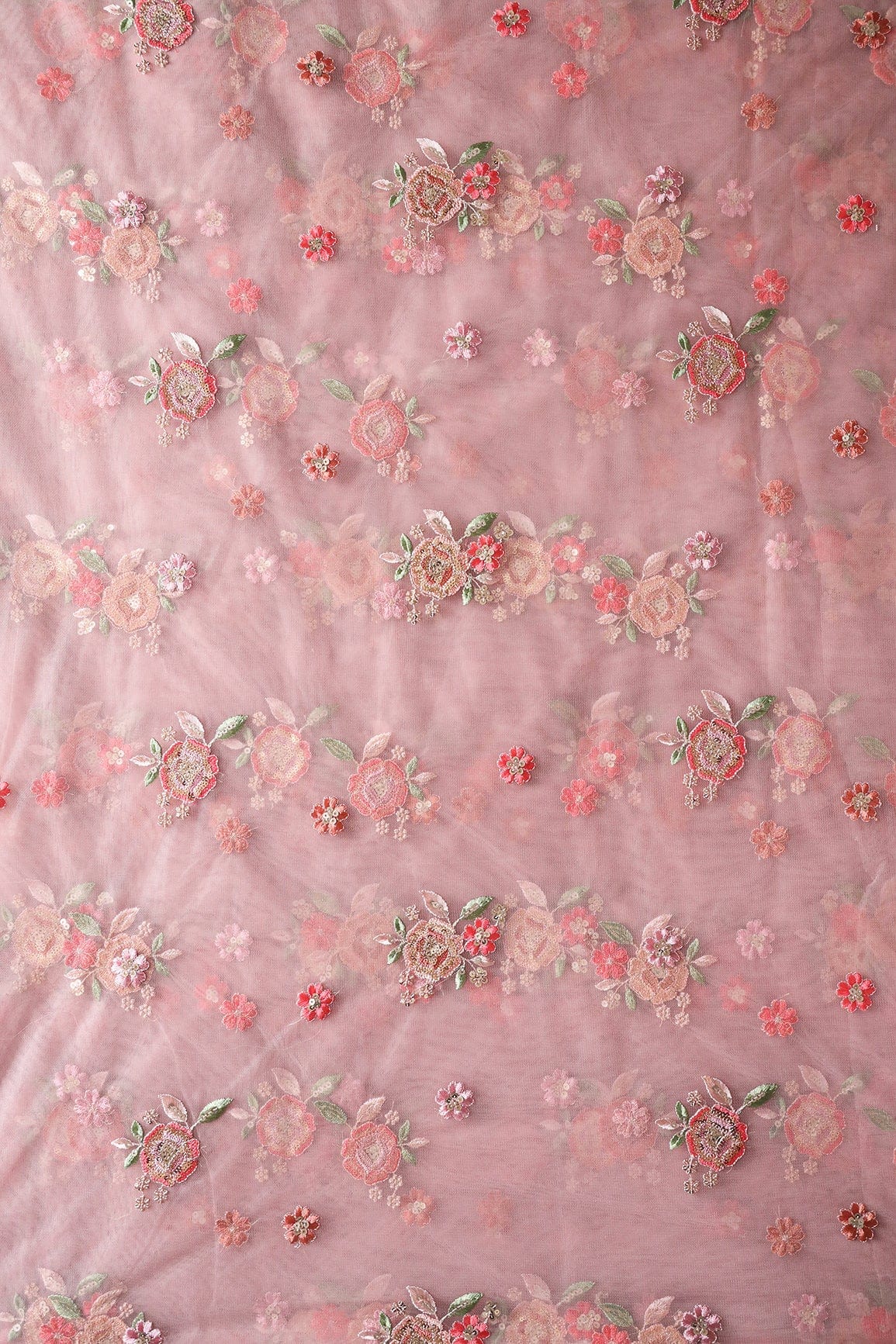 doeraa Embroidery Fabrics Multi Thread With Gold Sequins Small Floral Embroidery On Dusty Pink Soft Net Fabric
