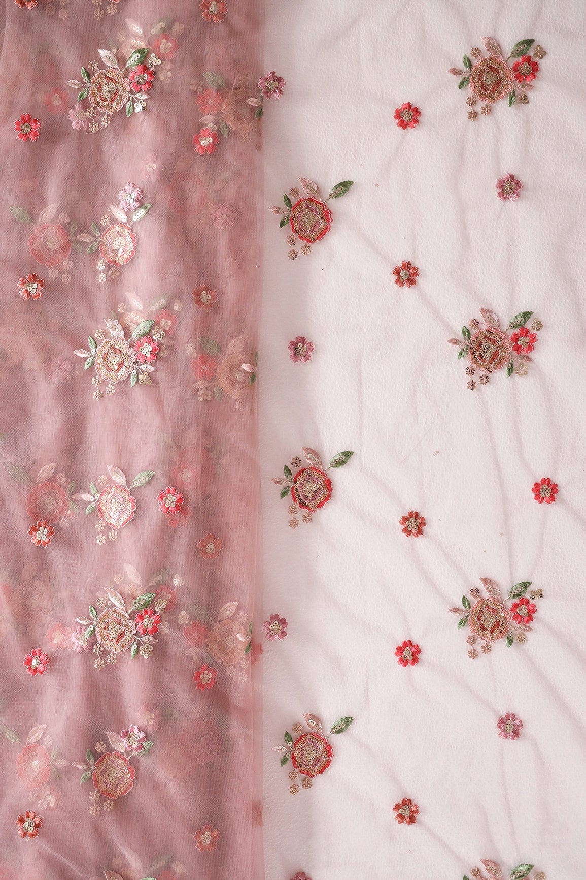 doeraa Embroidery Fabrics Multi Thread With Gold Sequins Small Floral Embroidery On Dusty Pink Soft Net Fabric