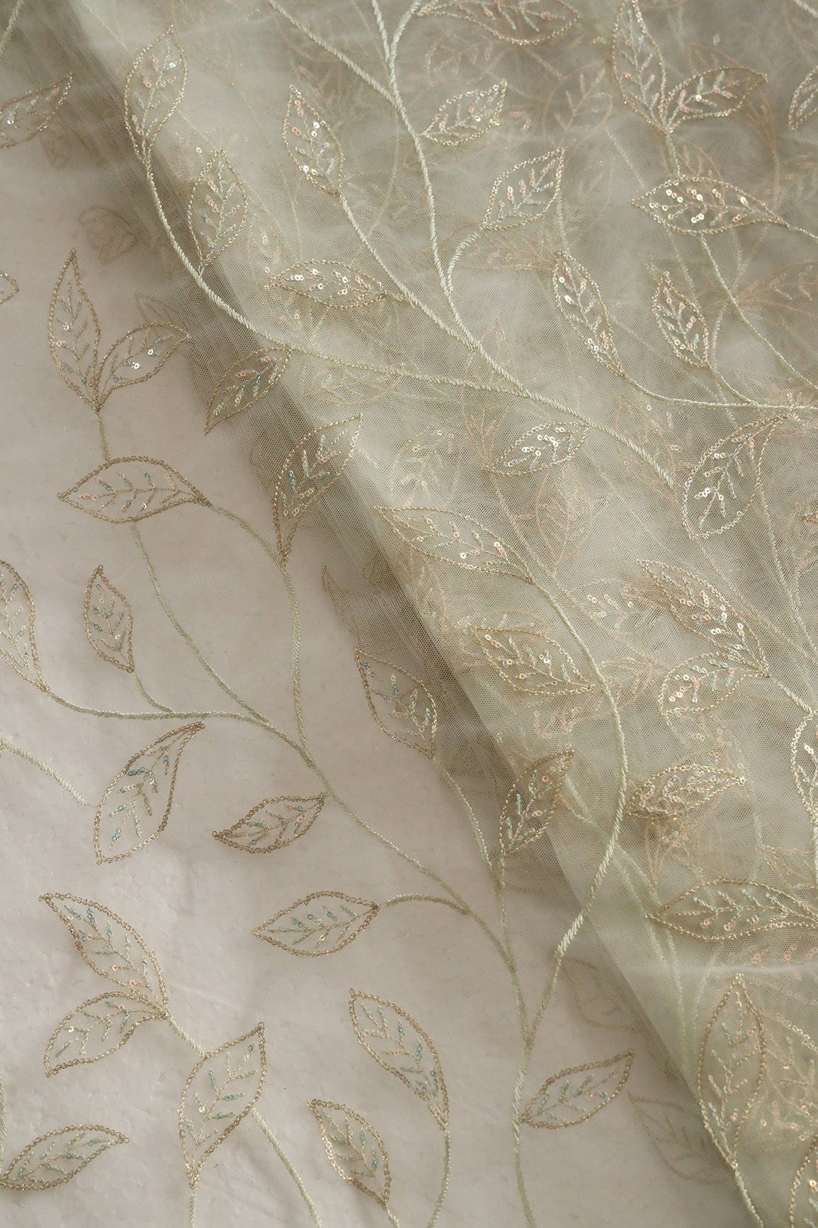 doeraa Embroidery Fabrics Olive Thread With Sequins Beautiful Leafy Embroidery On Olive Soft Net Fabric