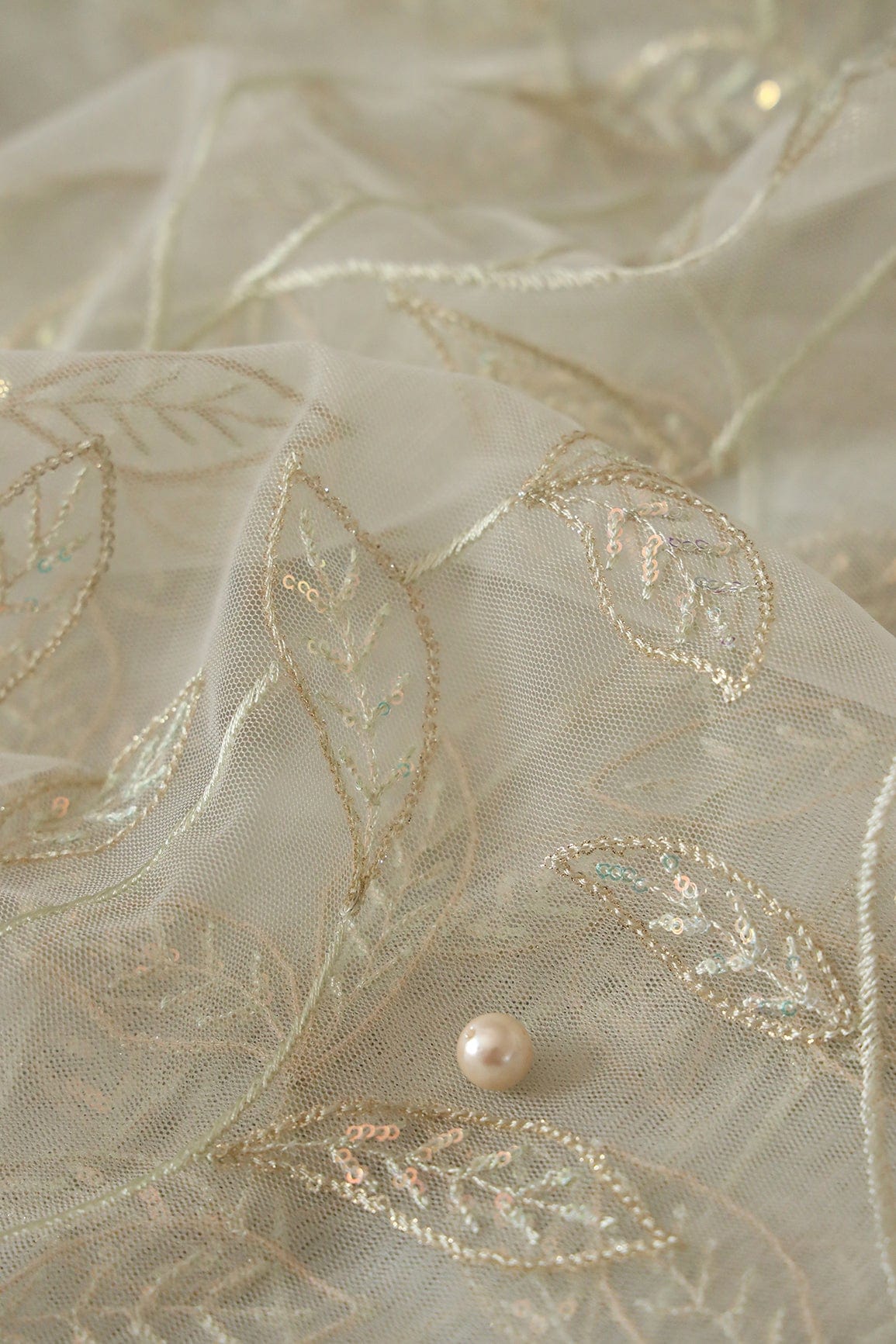 doeraa Embroidery Fabrics Olive Thread With Sequins Beautiful Leafy Embroidery On Olive Soft Net Fabric