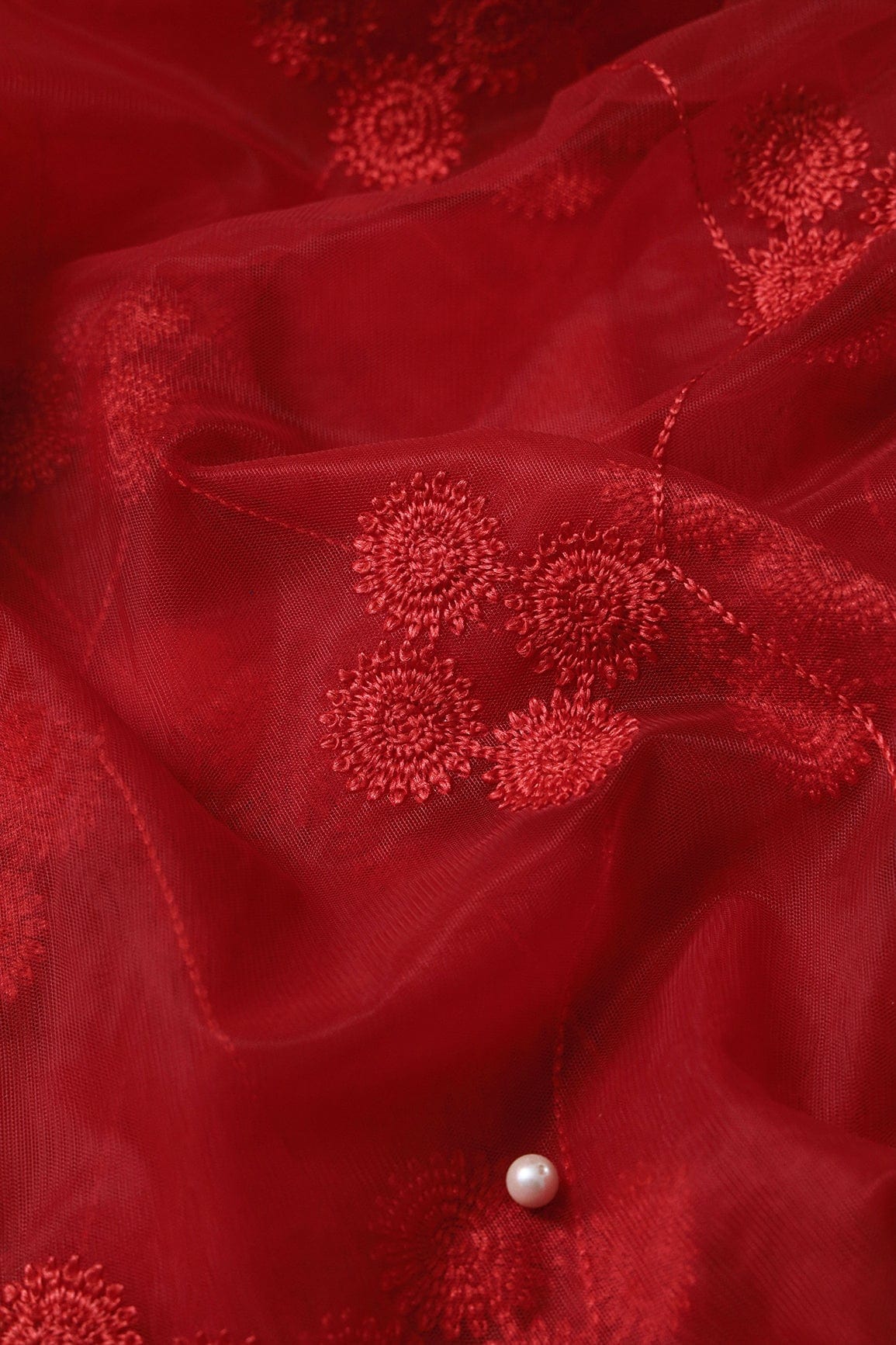 doeraa Embroidery Fabrics Red Color Thread Geometric Embroidery Work On Red Soft Net Fabric