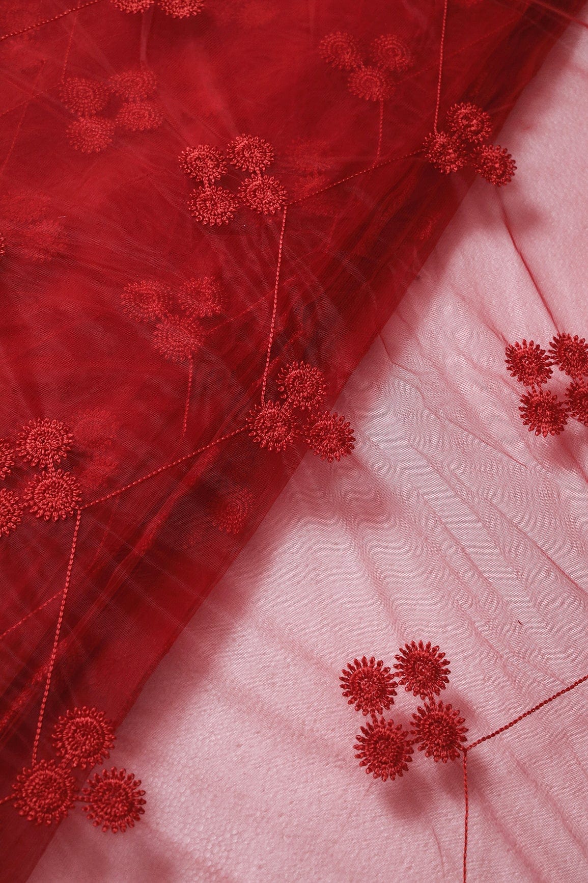 doeraa Embroidery Fabrics Red Color Thread Geometric Embroidery Work On Red Soft Net Fabric