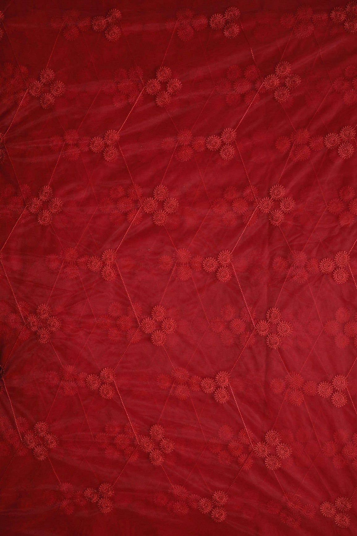 doeraa Embroidery Fabrics Red Color Thread Geometric Embroidery Work On Red Soft Net Fabric