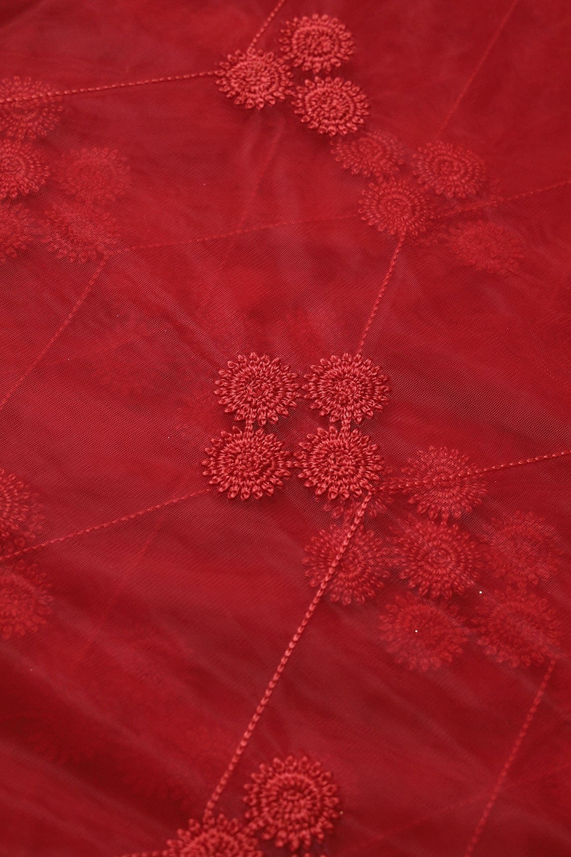 doeraa Embroidery Fabrics Red Color Thread Geometric Embroidery Work On Red Soft Net Fabric