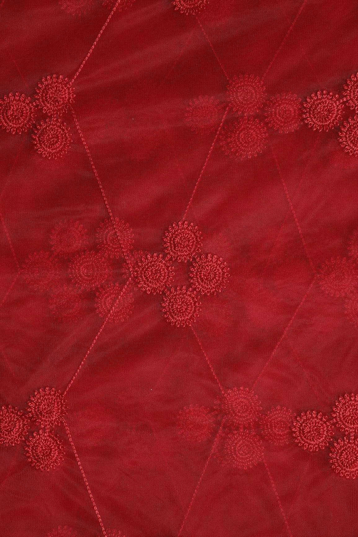 doeraa Embroidery Fabrics Red Color Thread Geometric Embroidery Work On Red Soft Net Fabric