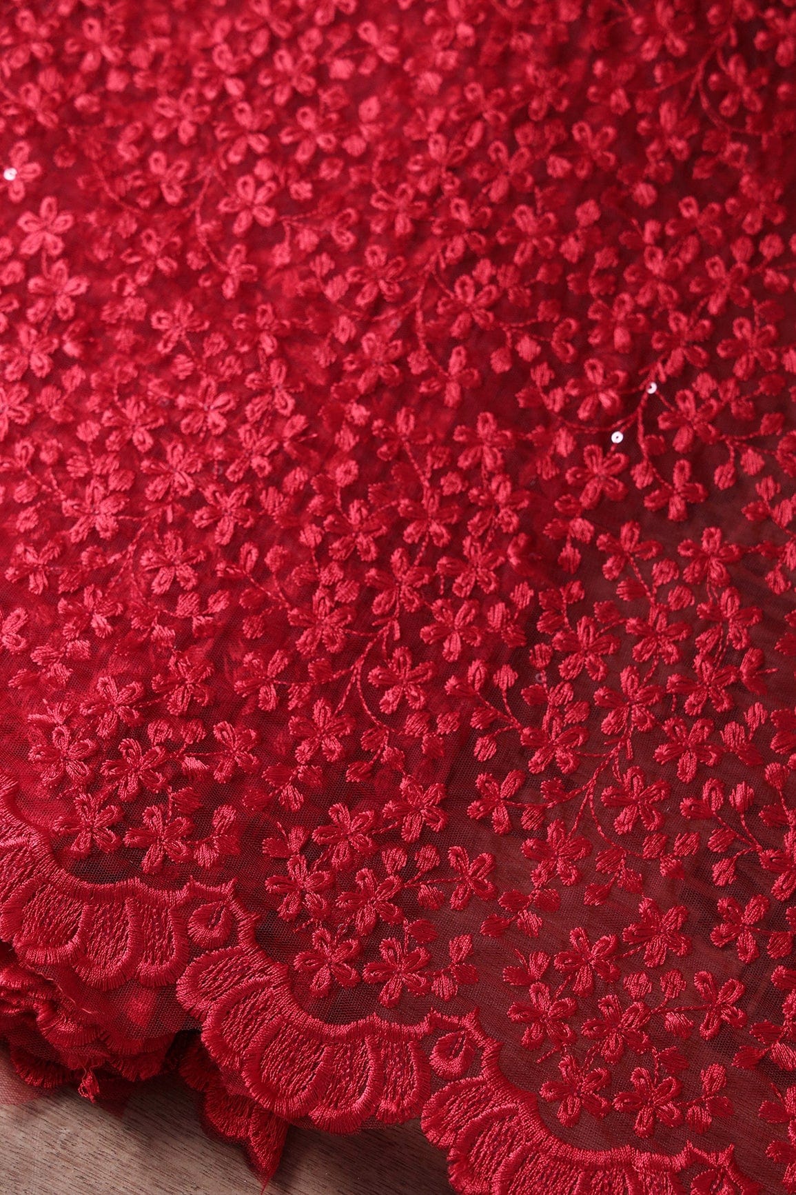 doeraa Embroidery Fabrics Red Thread Heavy Floral Embroidery On Red Soft Net Fabric With Border