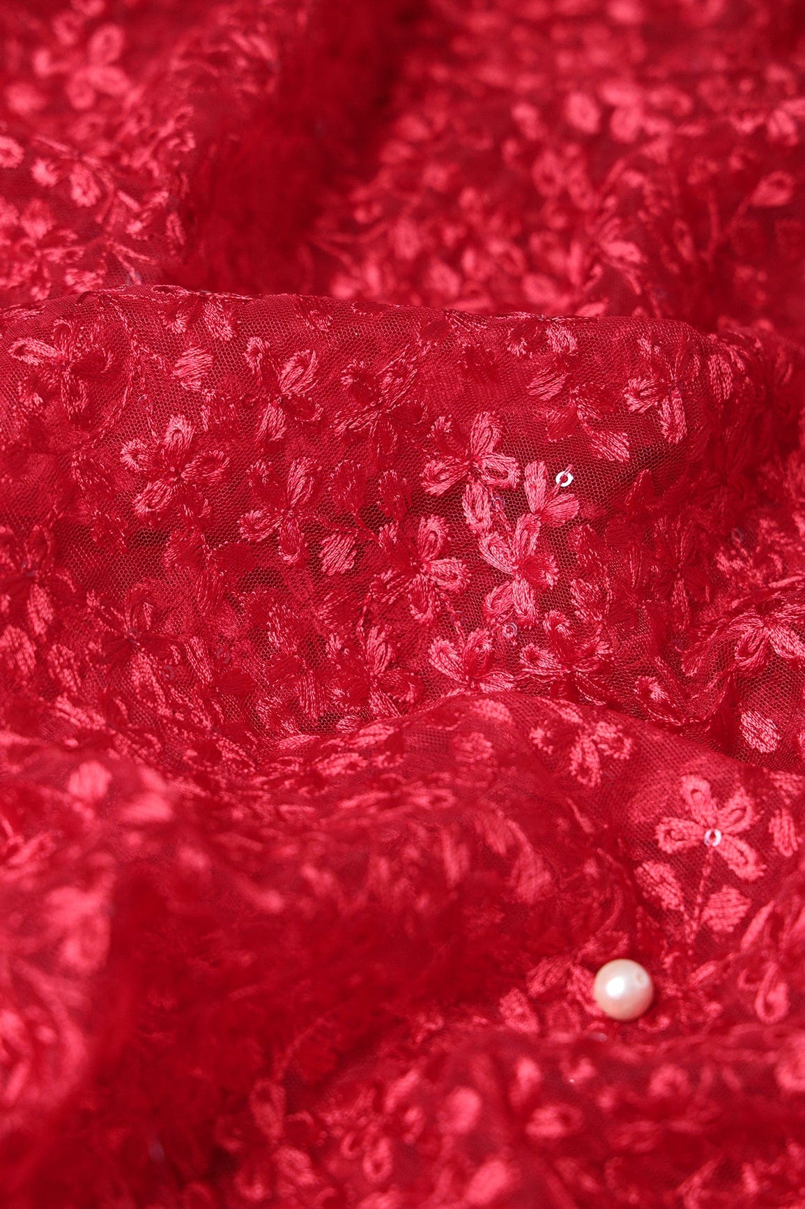 doeraa Embroidery Fabrics Red Thread Heavy Floral Embroidery On Red Soft Net Fabric With Border