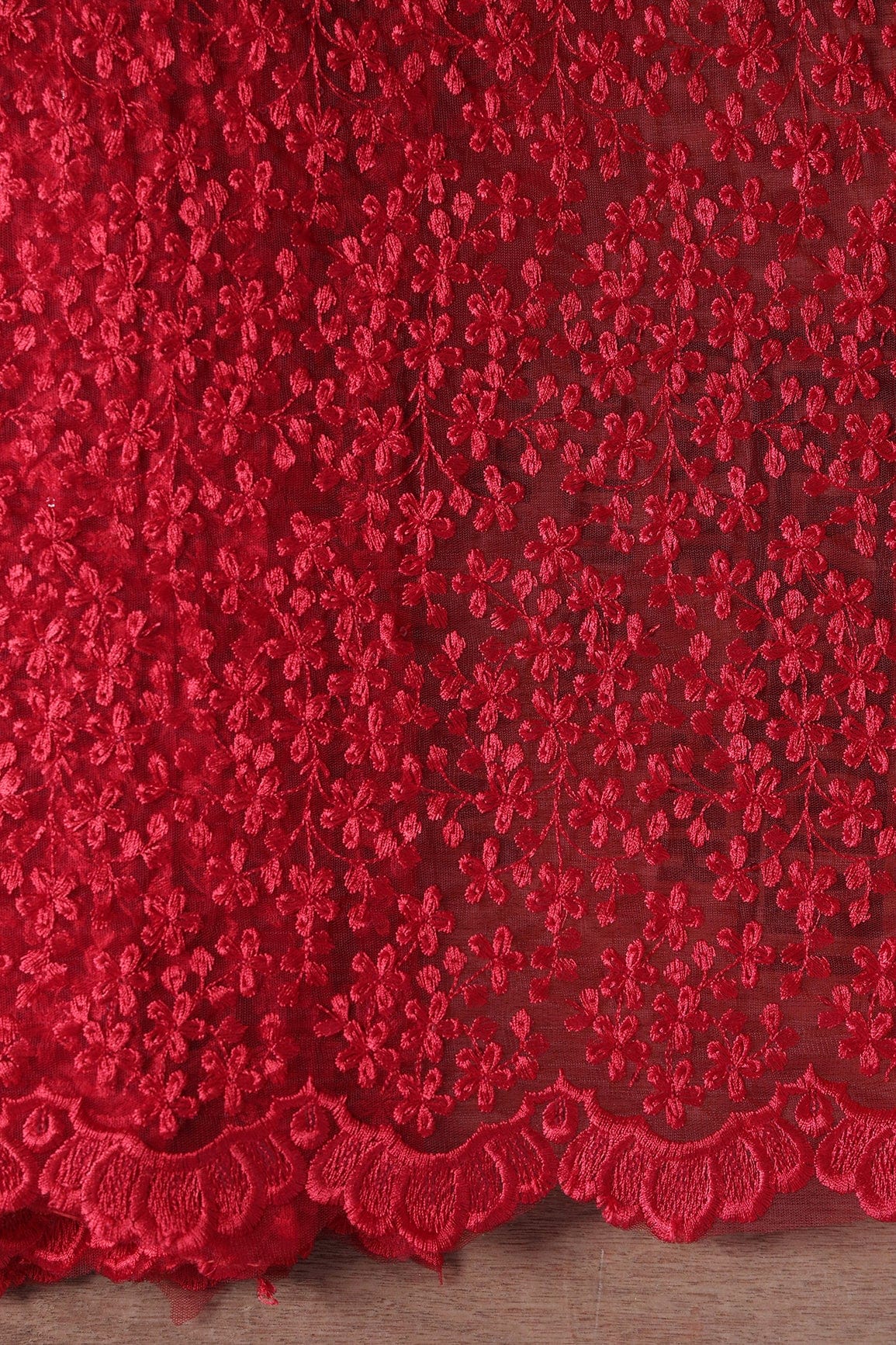doeraa Embroidery Fabrics Red Thread Heavy Floral Embroidery On Red Soft Net Fabric With Border