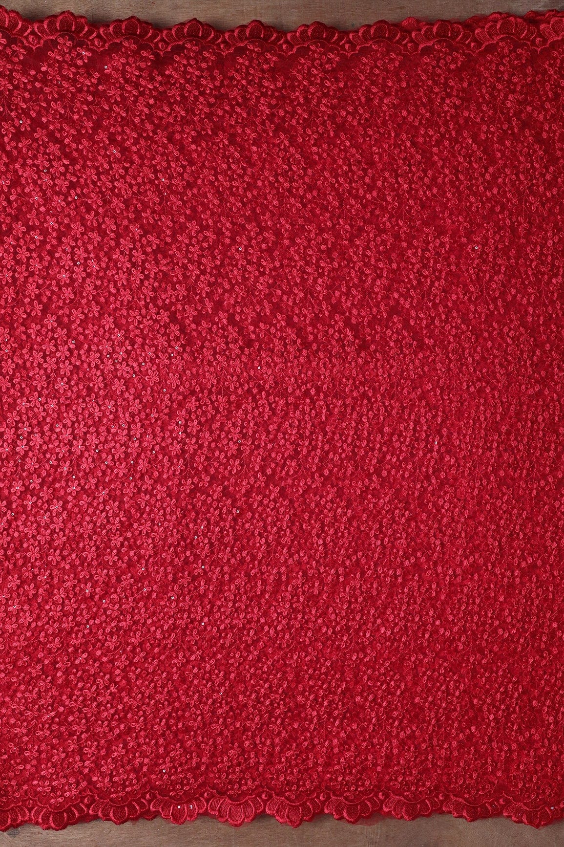 doeraa Embroidery Fabrics Red Thread Heavy Floral Embroidery On Red Soft Net Fabric With Border