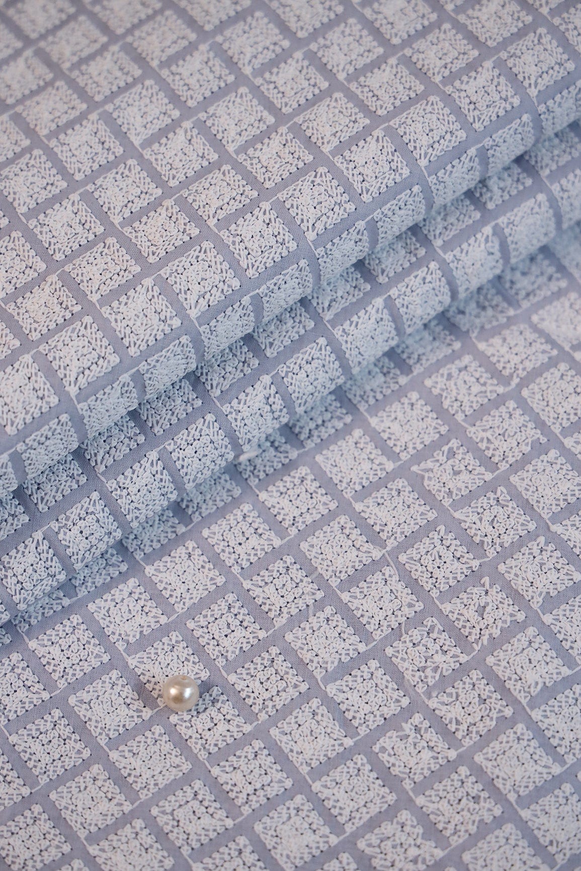 doeraa Embroidery Fabrics White Thread Heavy Checks Embroidery On Pastel Blue Soft Cotton Fabric