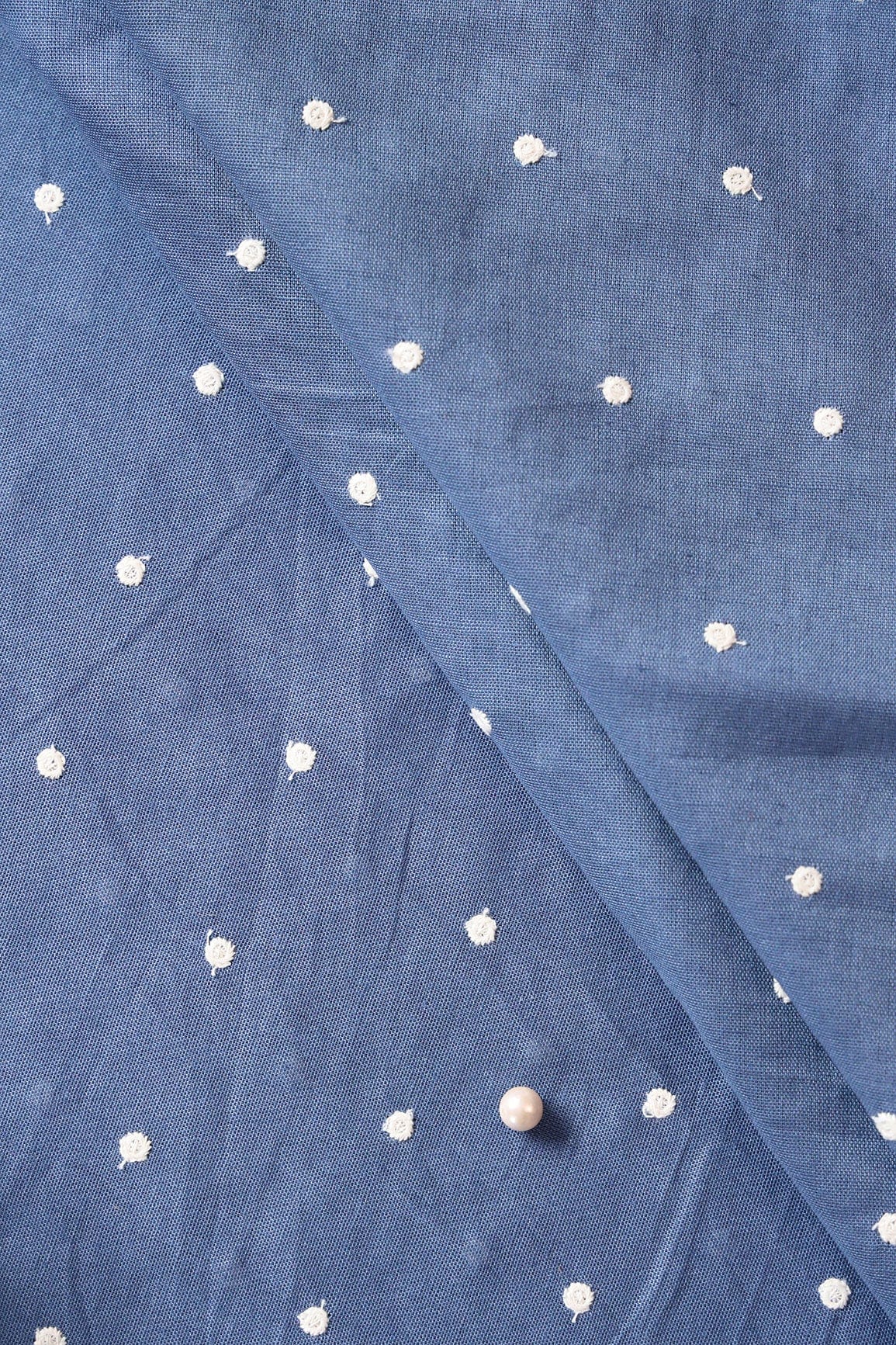 doeraa Embroidery Fabrics White Thread Small Polka Embroidery Work On Blue Cotton Linen Fabric