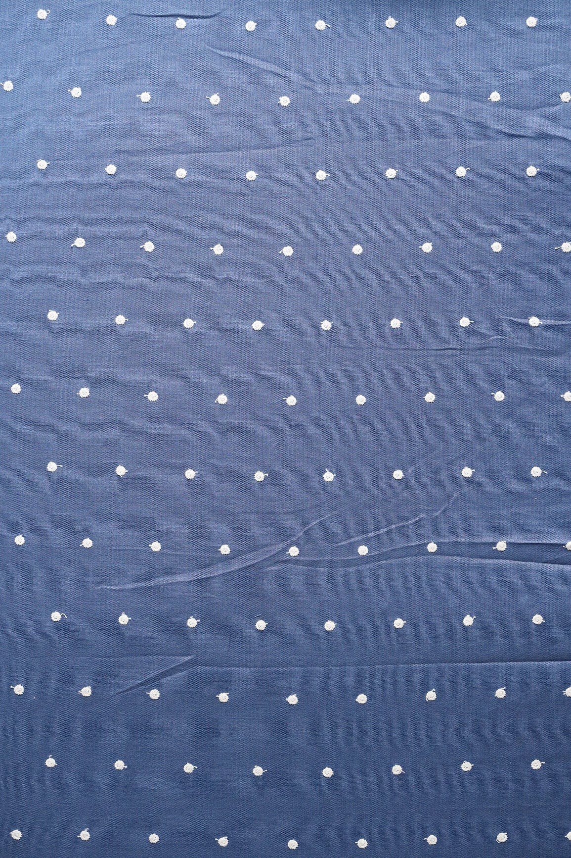doeraa Embroidery Fabrics White Thread Small Polka Embroidery Work On Blue Cotton Linen Fabric