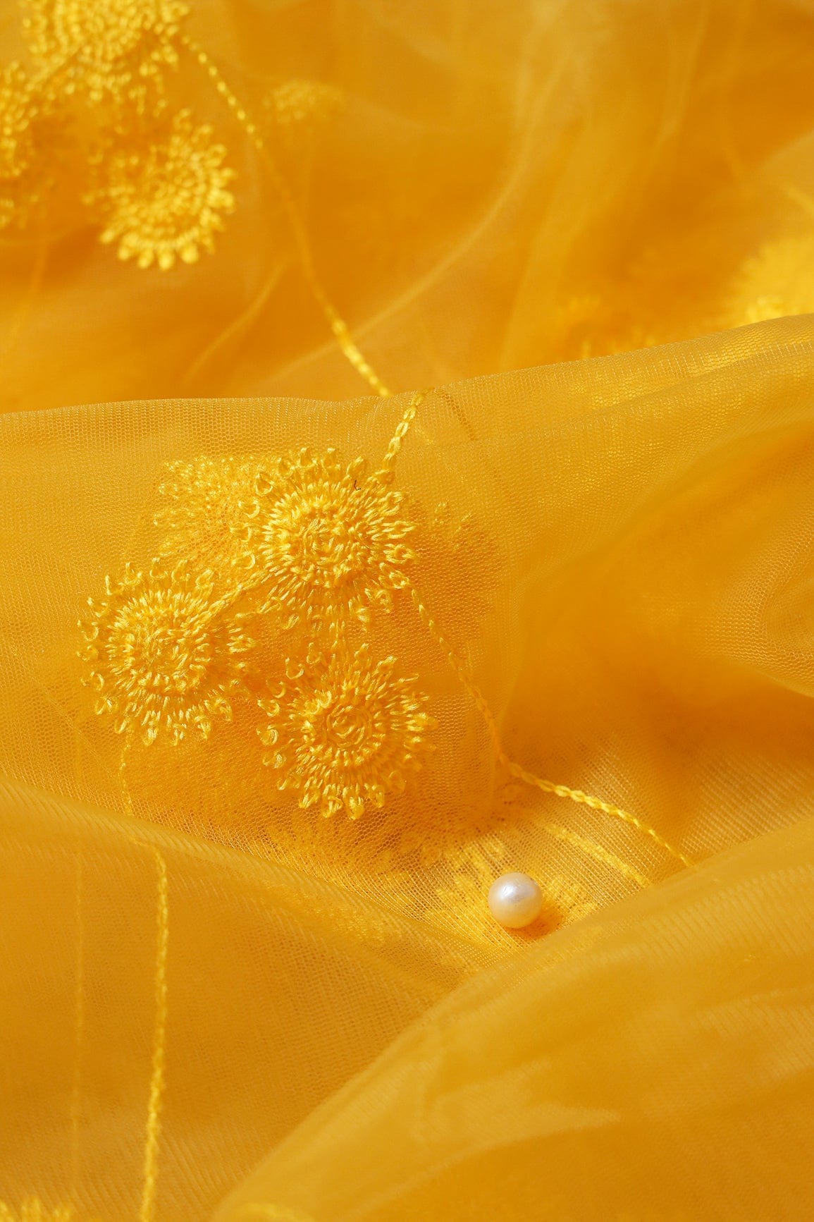 doeraa Embroidery Fabrics Yellow Color Thread Geometric Embroidery Work On Yellow Soft Net Fabric
