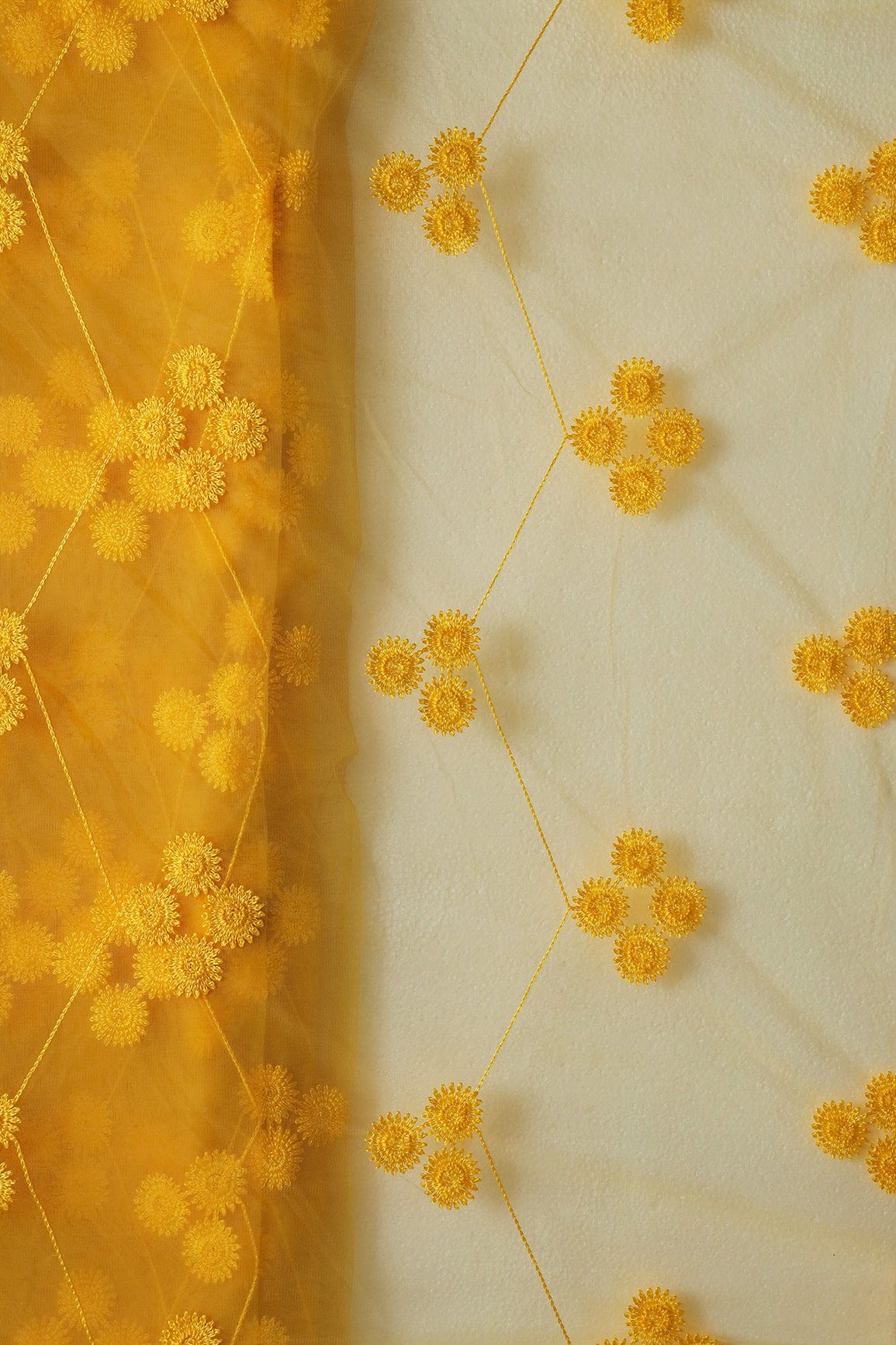 doeraa Embroidery Fabrics Yellow Color Thread Geometric Embroidery Work On Yellow Soft Net Fabric