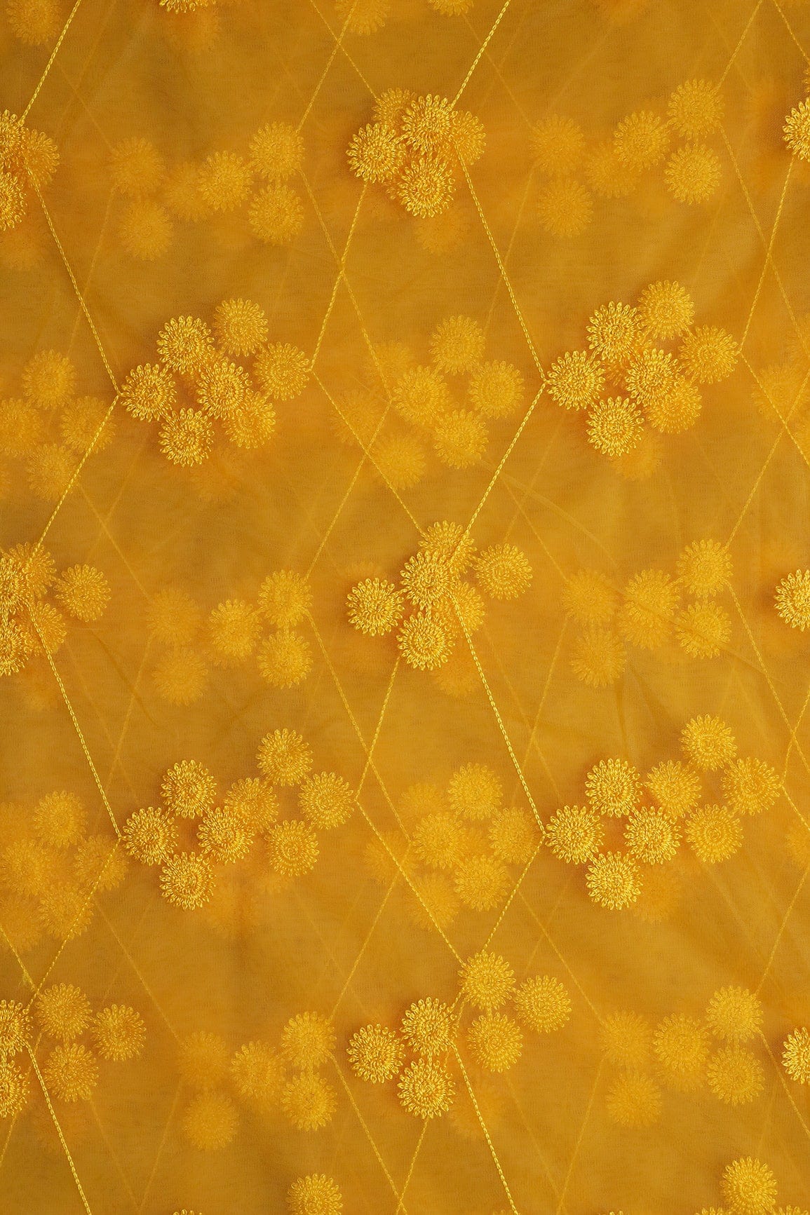 doeraa Embroidery Fabrics Yellow Color Thread Geometric Embroidery Work On Yellow Soft Net Fabric
