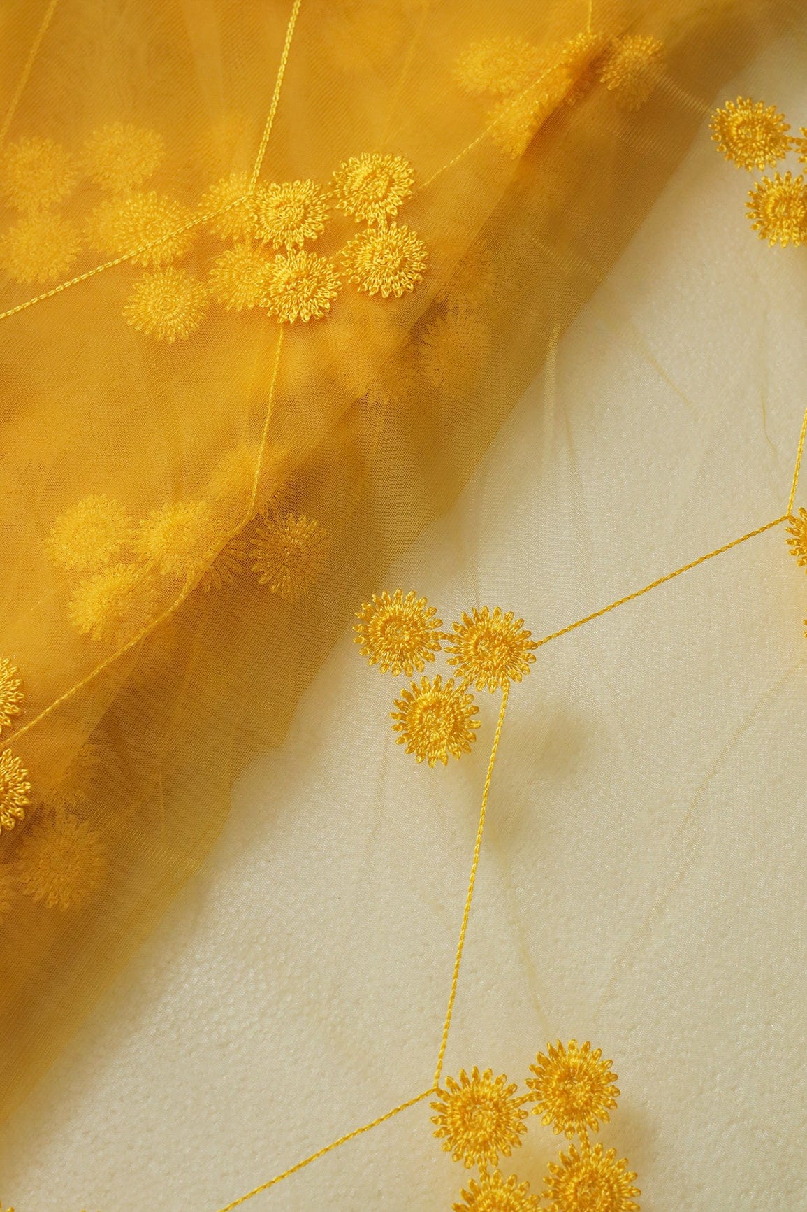 doeraa Embroidery Fabrics Yellow Color Thread Geometric Embroidery Work On Yellow Soft Net Fabric