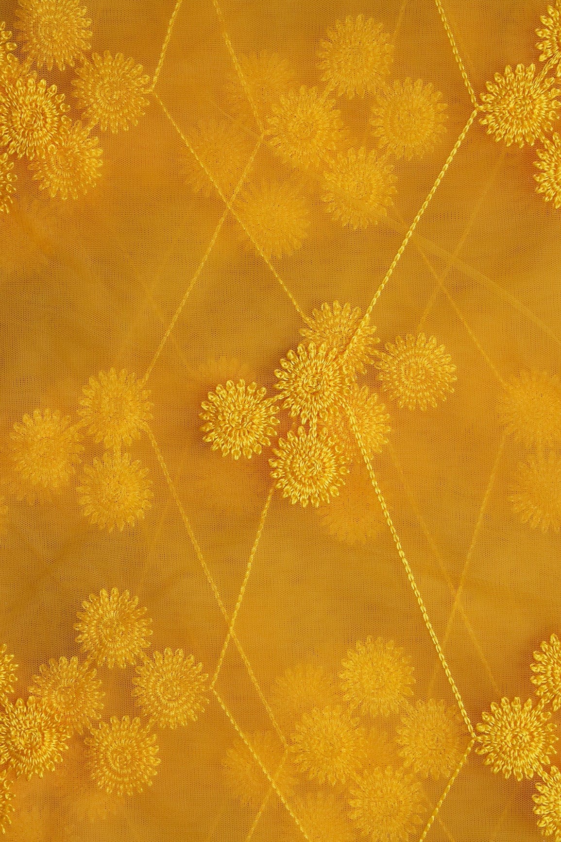 doeraa Embroidery Fabrics Yellow Color Thread Geometric Embroidery Work On Yellow Soft Net Fabric