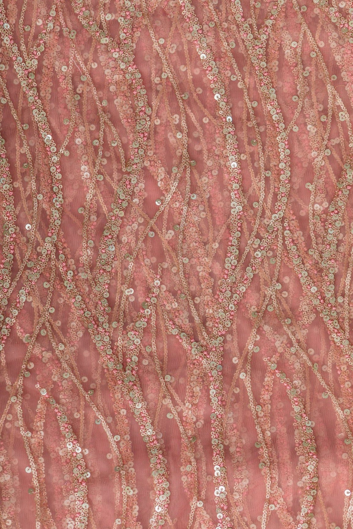 Gold And Silver Sequins With Baby Pink Thread Embroidery on Baby Pink Soft Net - doeraa