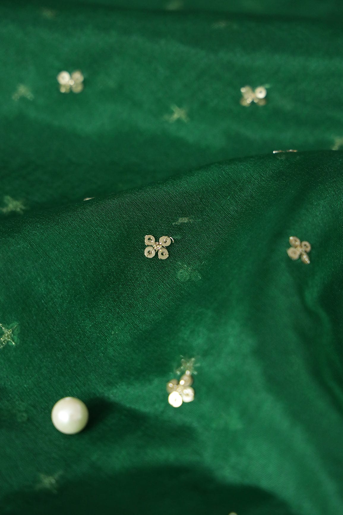 Gold Sequins Small Motif Embroidery Work On Bottle Green Organza Fabric - doeraa