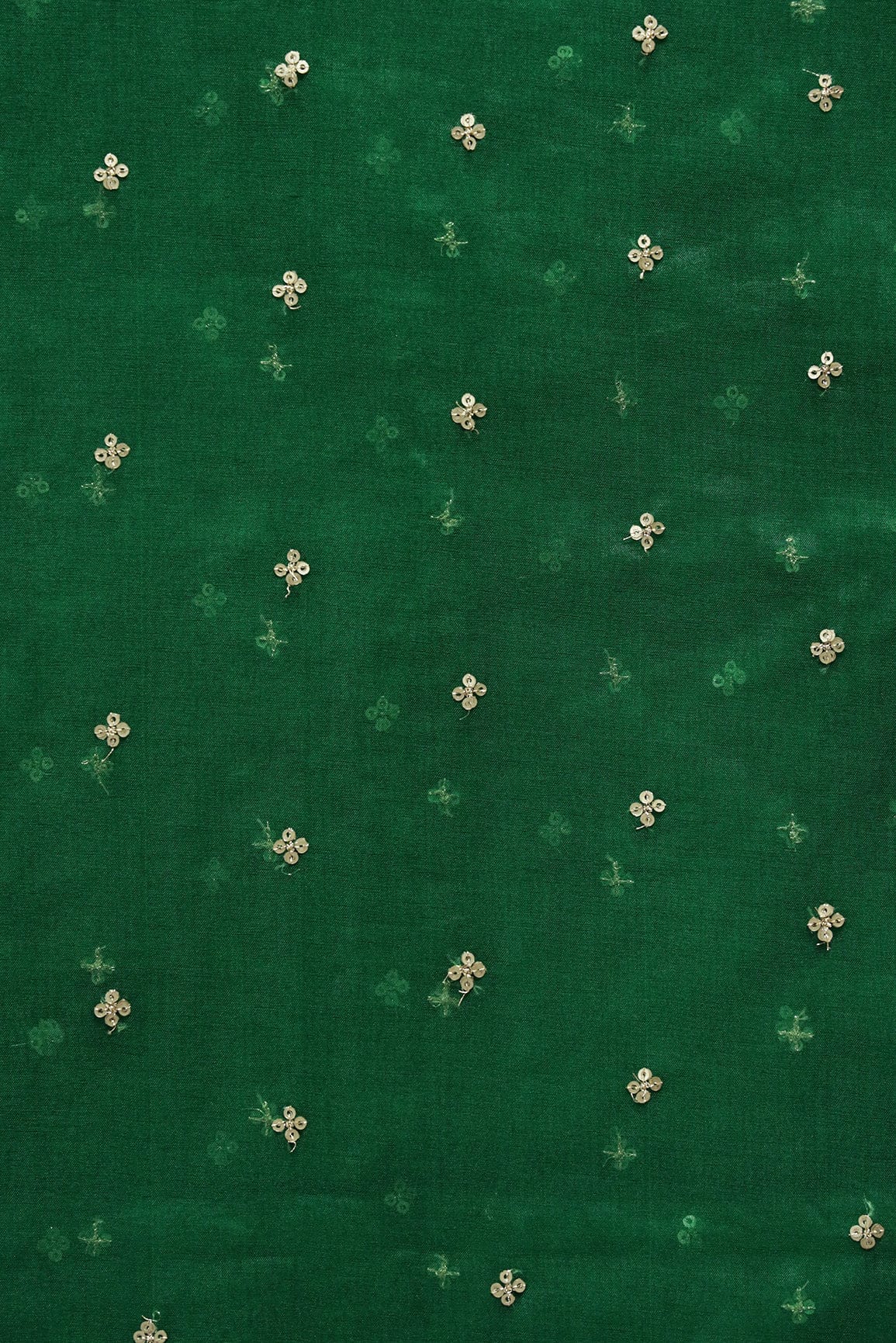Gold Sequins Small Motif Embroidery Work On Bottle Green Organza Fabric - doeraa