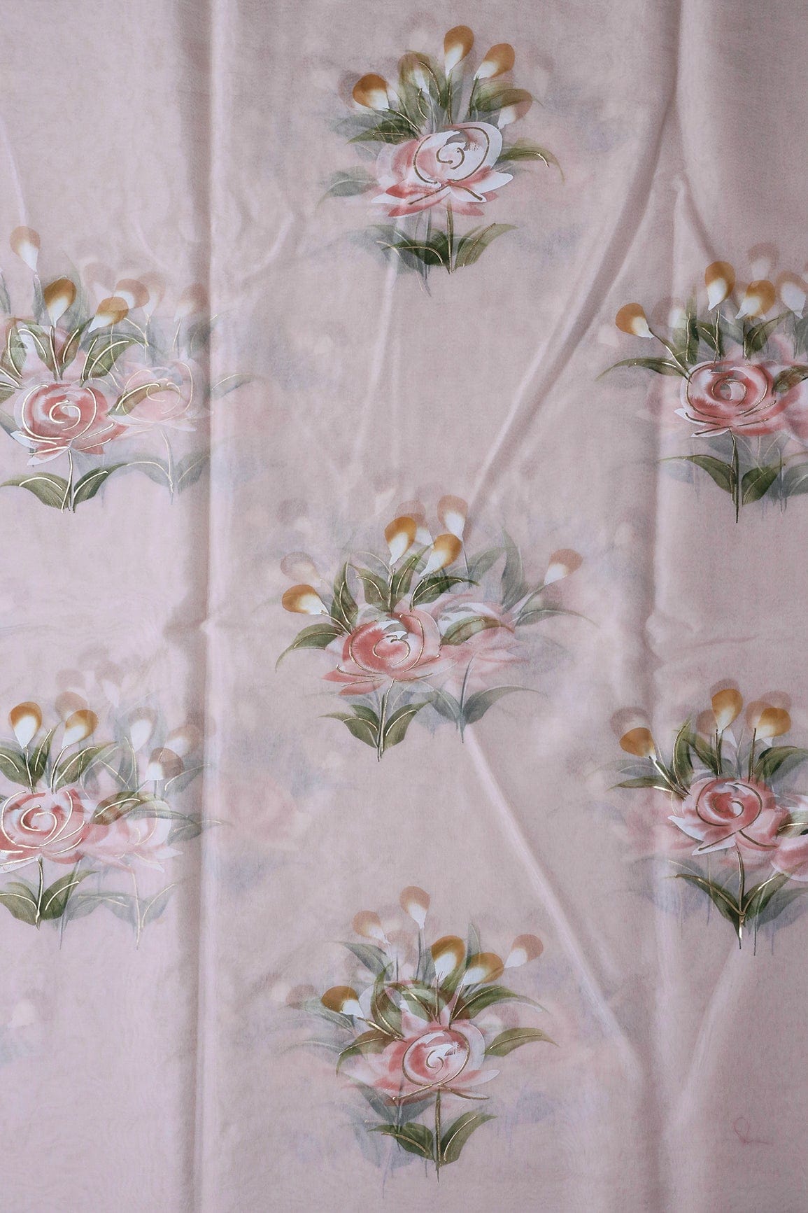 Gorgeous Floral Hand Painted With Foil Work On Light Peach Organza Fabric - doeraa