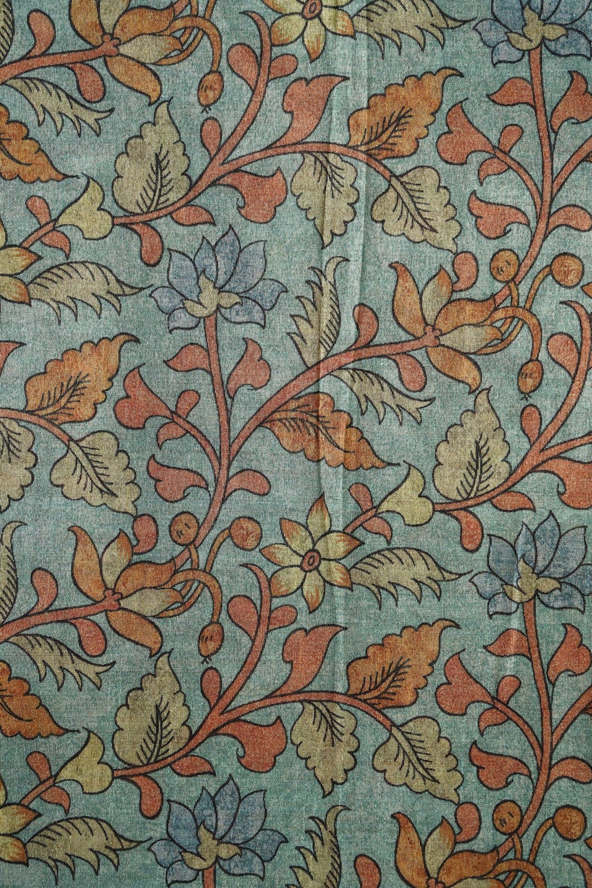 Light Teal Floral Pattern Digital Print On Mulberry Silk Fabric - doeraa