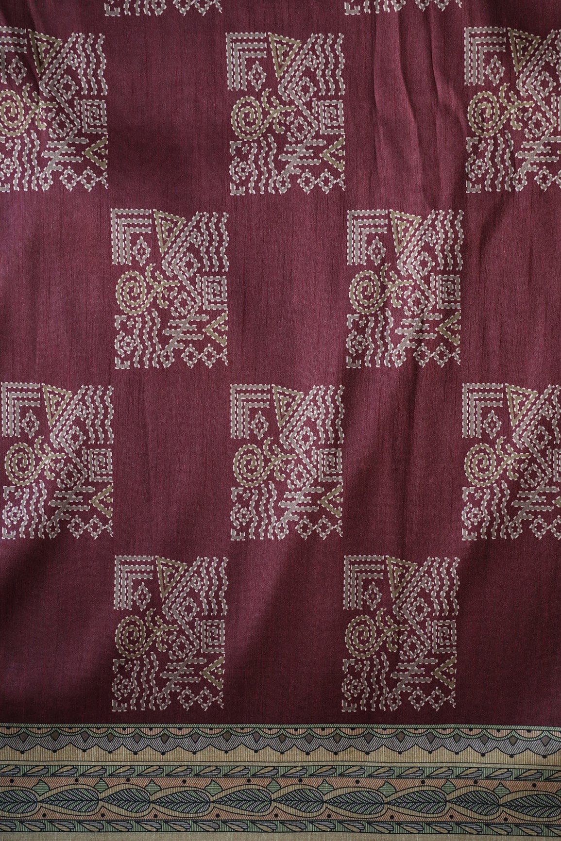 Maroon Geometric Pattern Digital Print On Mulberry Silk Fabric With Border - doeraa