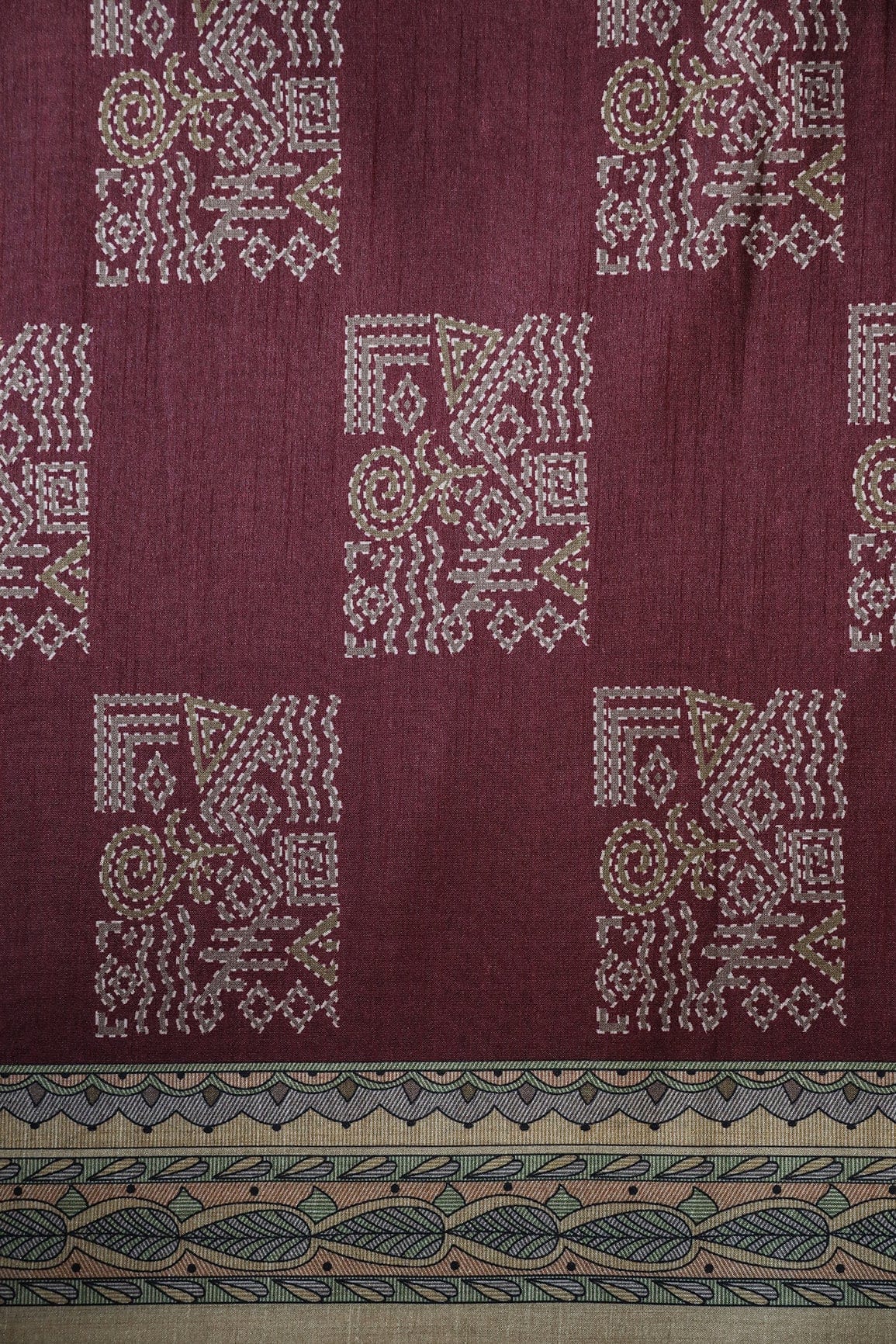 Maroon Geometric Pattern Digital Print On Mulberry Silk Fabric With Border - doeraa