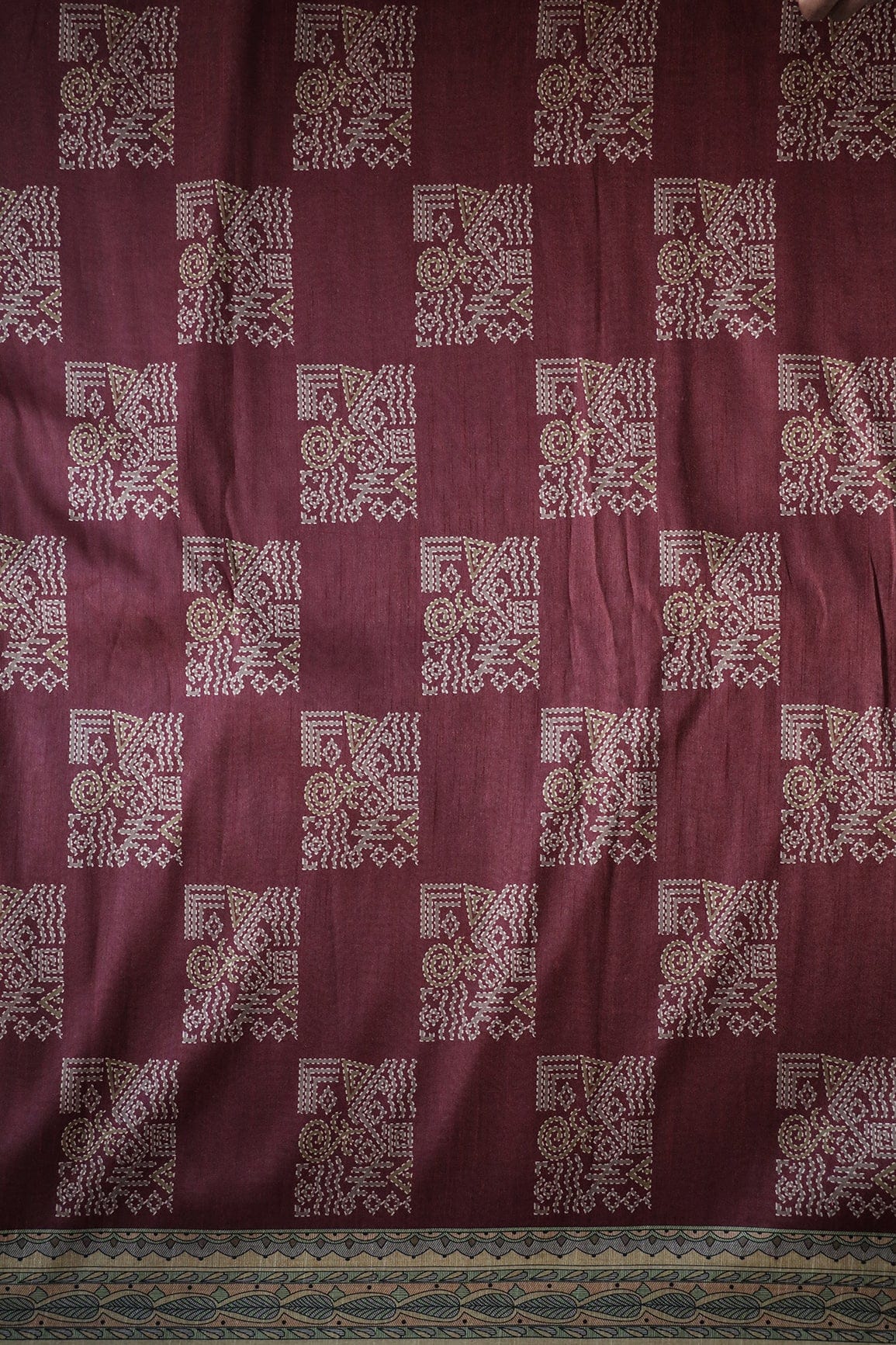 Maroon Geometric Pattern Digital Print On Mulberry Silk Fabric With Border - doeraa