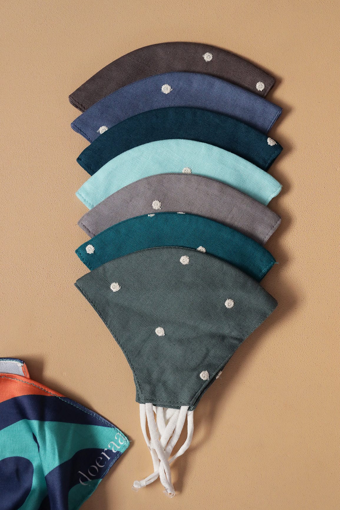 doeraa Masks Shades of Blue Polka Embroidery Triple Layer Cotton Linen Masks: Pack of 7