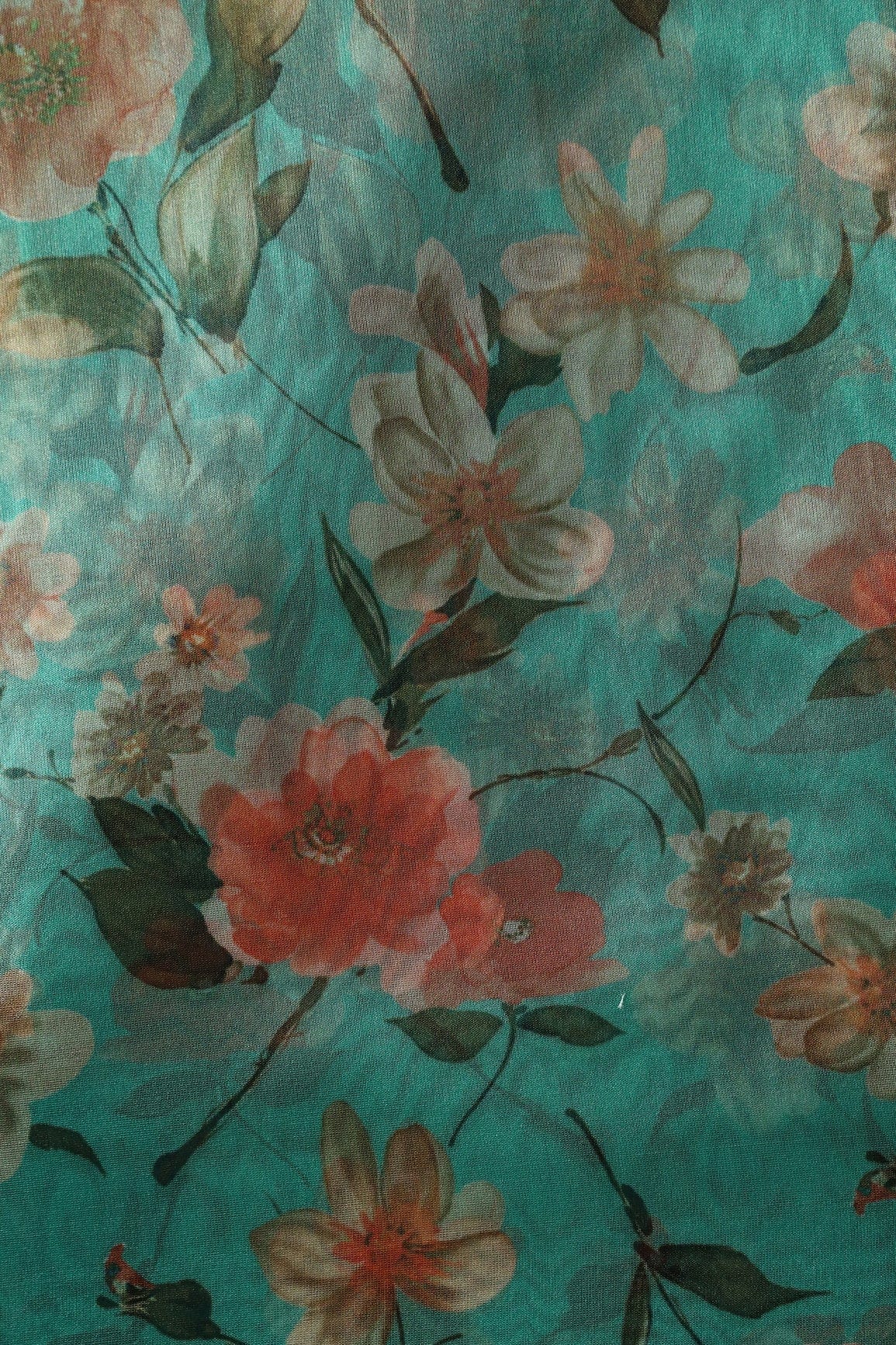 Multi Color Beautiful Floral Digital Print On Turquoise Green Organza Fabric - doeraa
