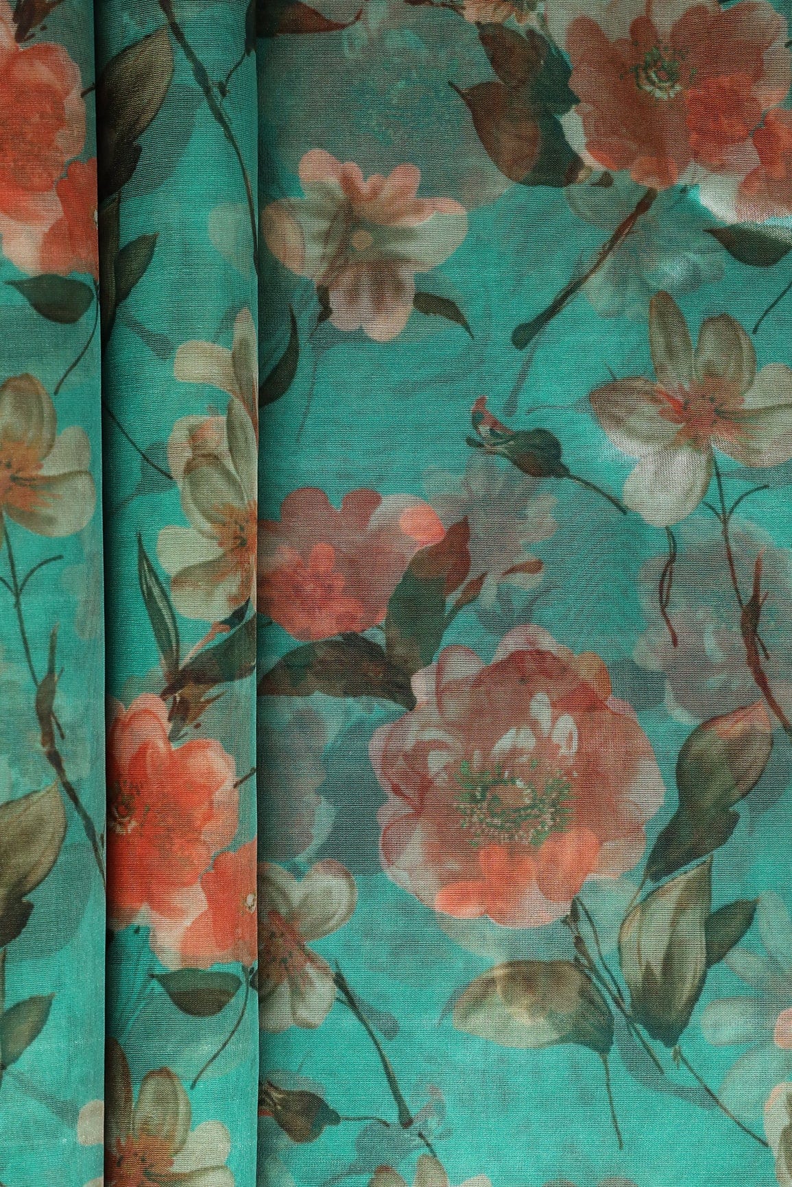 Multi Color Beautiful Floral Digital Print On Turquoise Green Organza Fabric - doeraa
