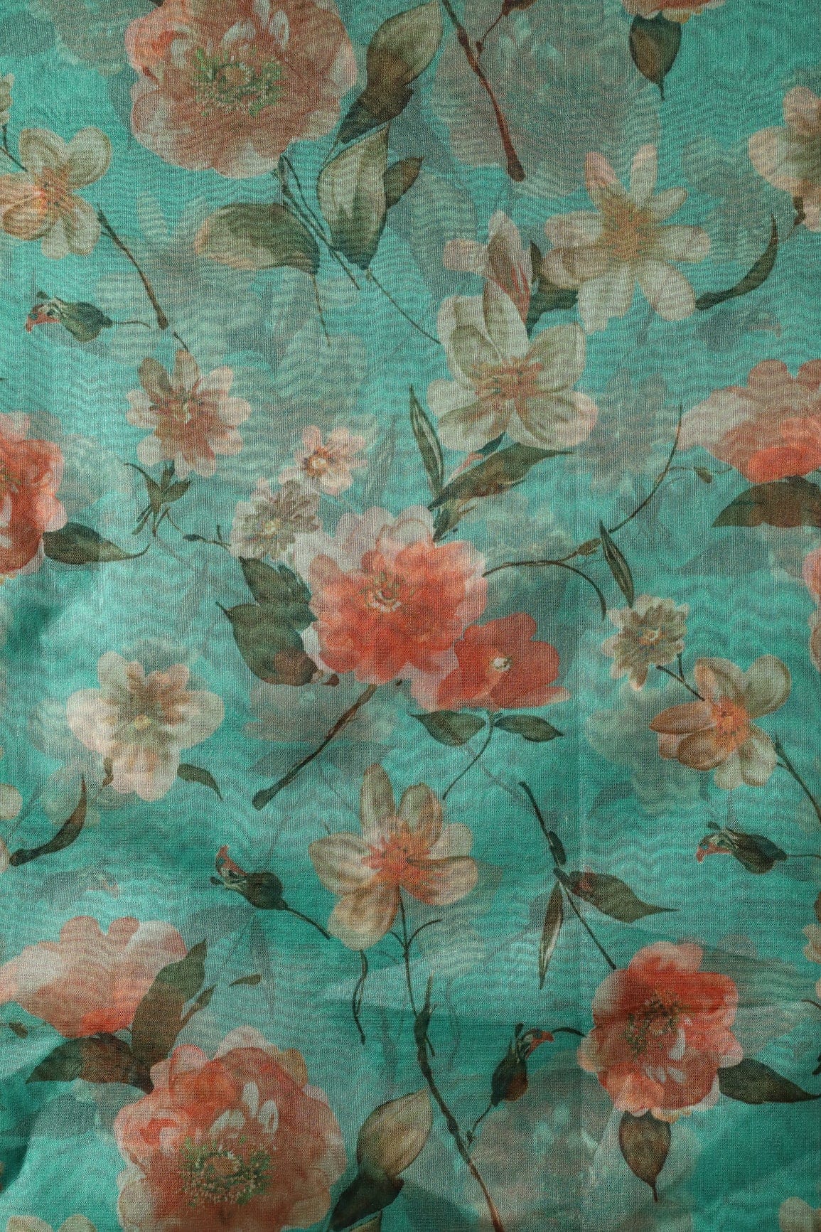 Multi Color Beautiful Floral Digital Print On Turquoise Green Organza Fabric - doeraa