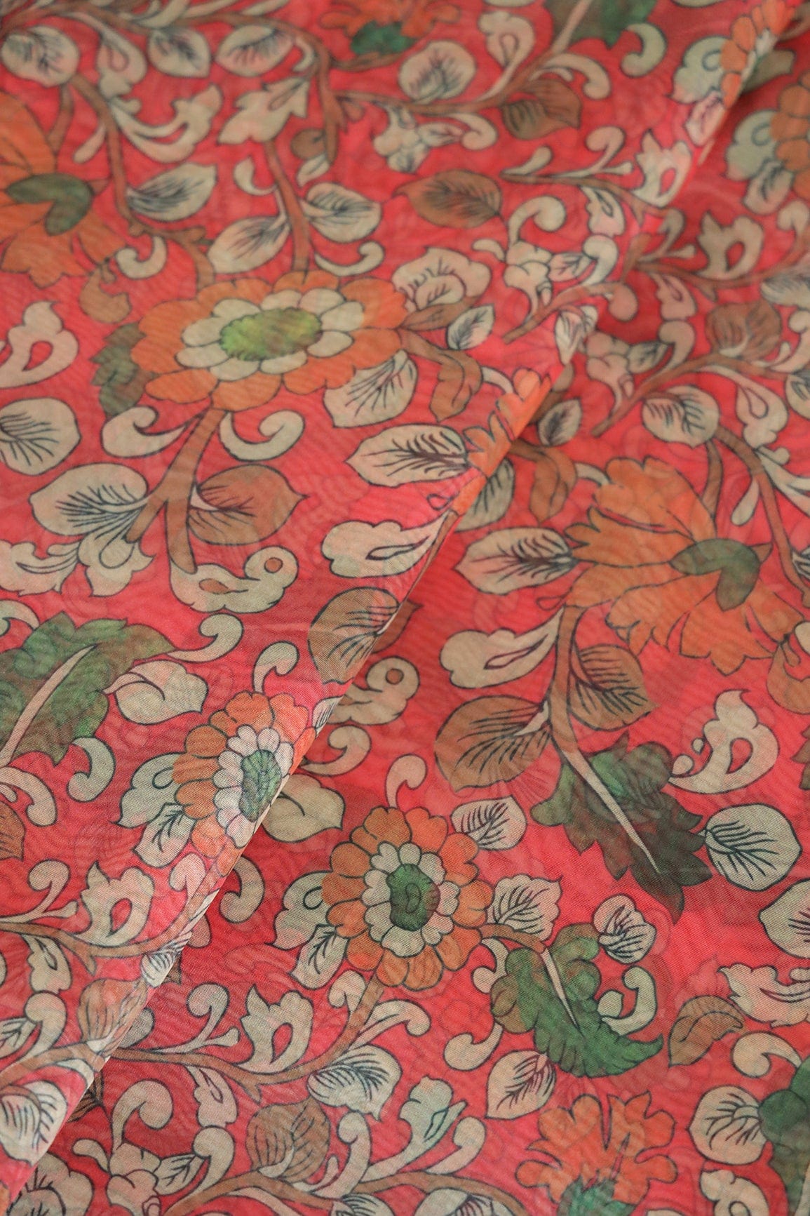 Multi Color Floral Digital Print On Red Organza Fabric - doeraa