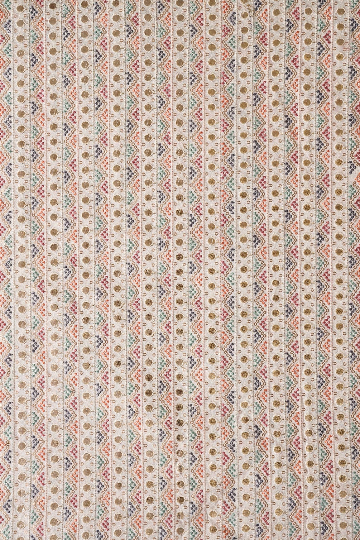 Multi Thread With Gold Matte Sequins Geometric Heavy Embroidery On Off White Raw Silk Fabric - doeraa