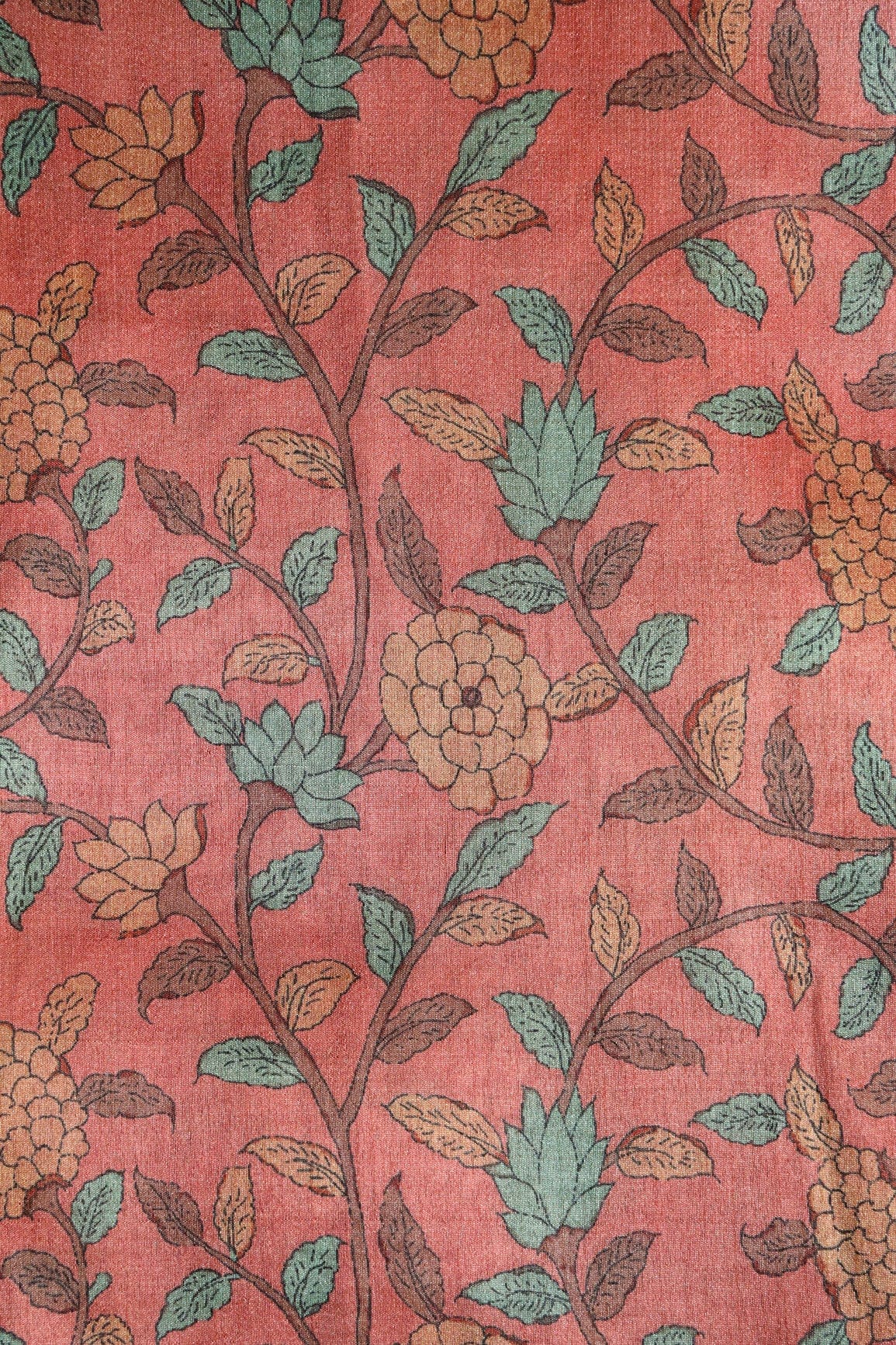 Peach Floral Pattern Digital Print On Mulberry Silk Fabric - doeraa