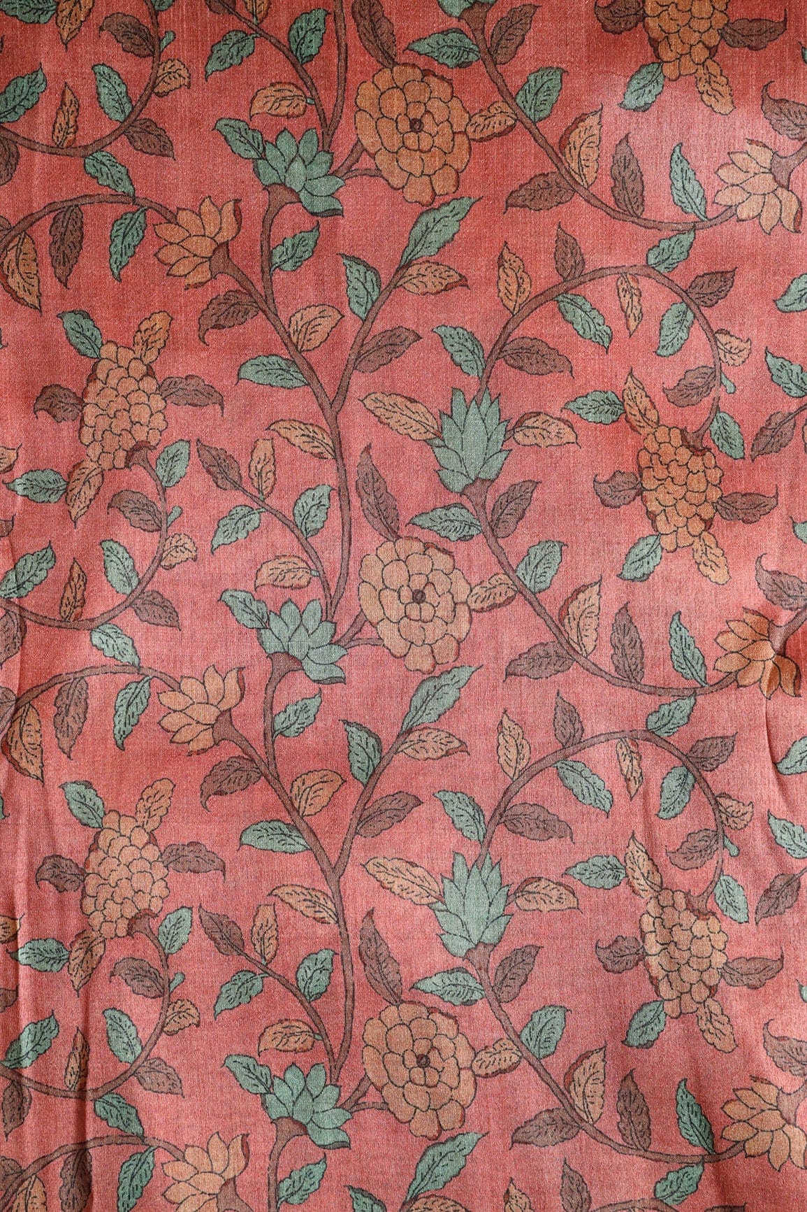 Peach Floral Pattern Digital Print On Mulberry Silk Fabric - doeraa