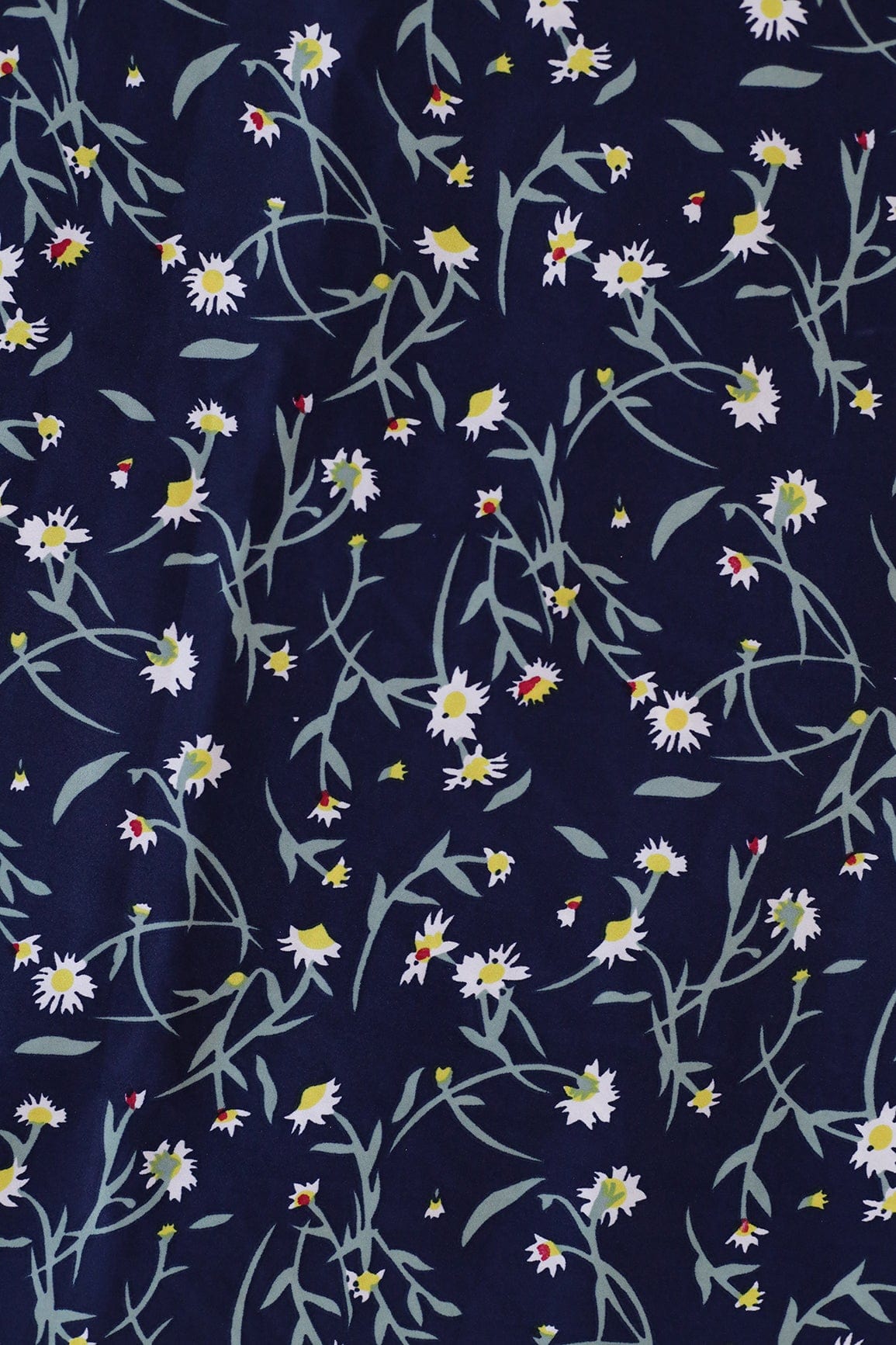 doeraa Prints Big Width "56" Small White Floral Digital Print On Navy Blue Crepe Satin Fabric