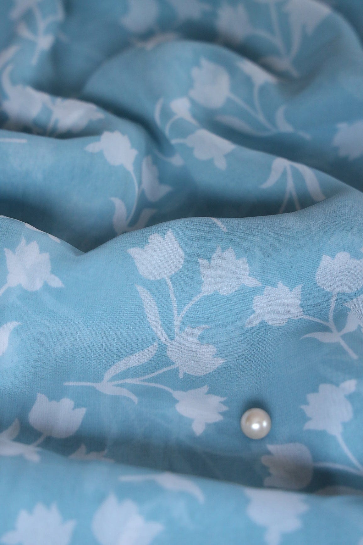 doeraa Prints Big Width "56" White Beautiful Floral Digital Print On Sky Blue Georgette Fabric