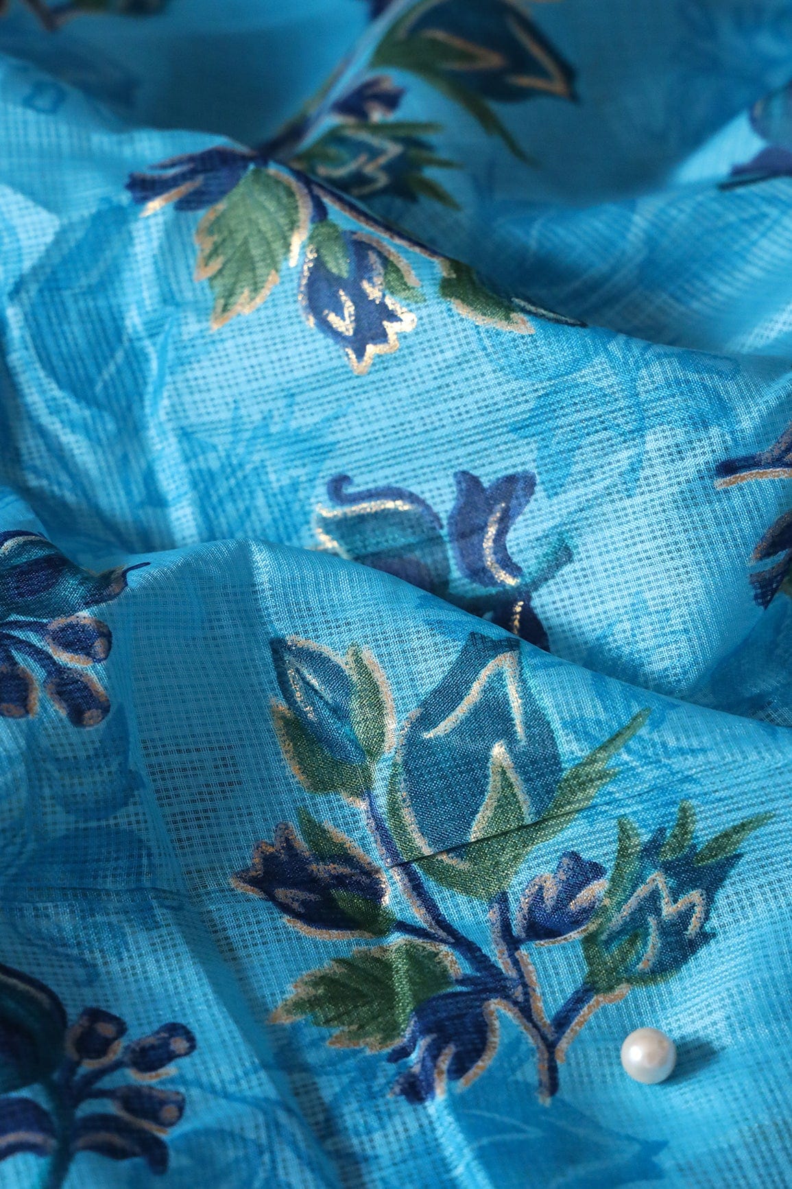 doeraa Prints Blue And Green Floral Pattern Foil Print On Sky Blue Kota Doria Fabric