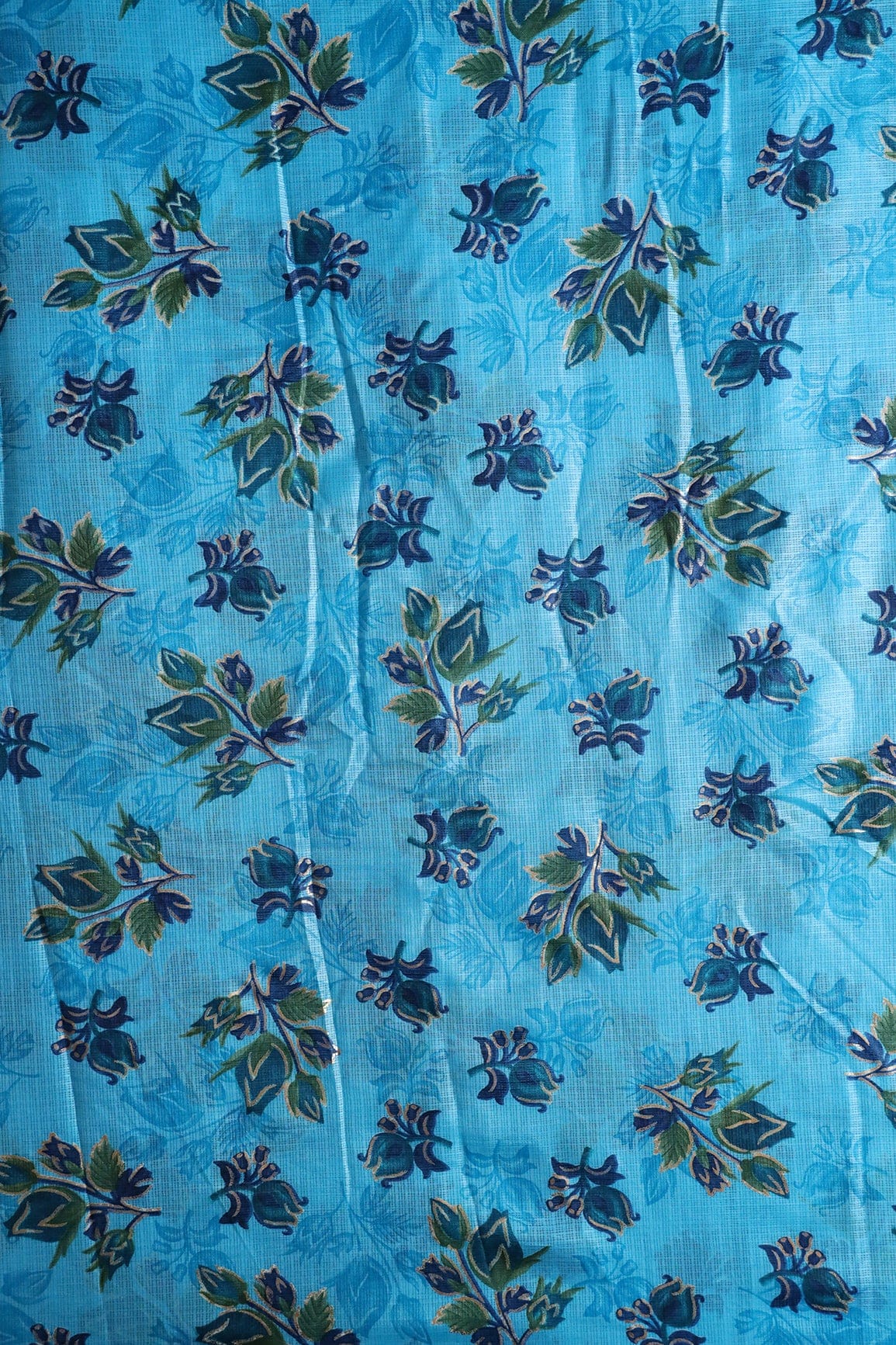 doeraa Prints Blue And Green Floral Pattern Foil Print On Sky Blue Kota Doria Fabric