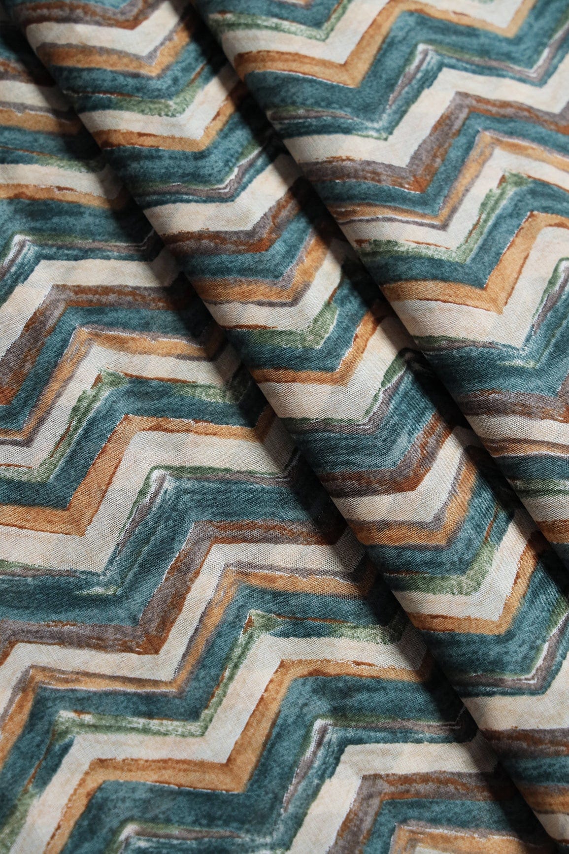 doeraa Prints Bottle Green And Light Beige Chevron Print On Pure Mul Cotton Fabric