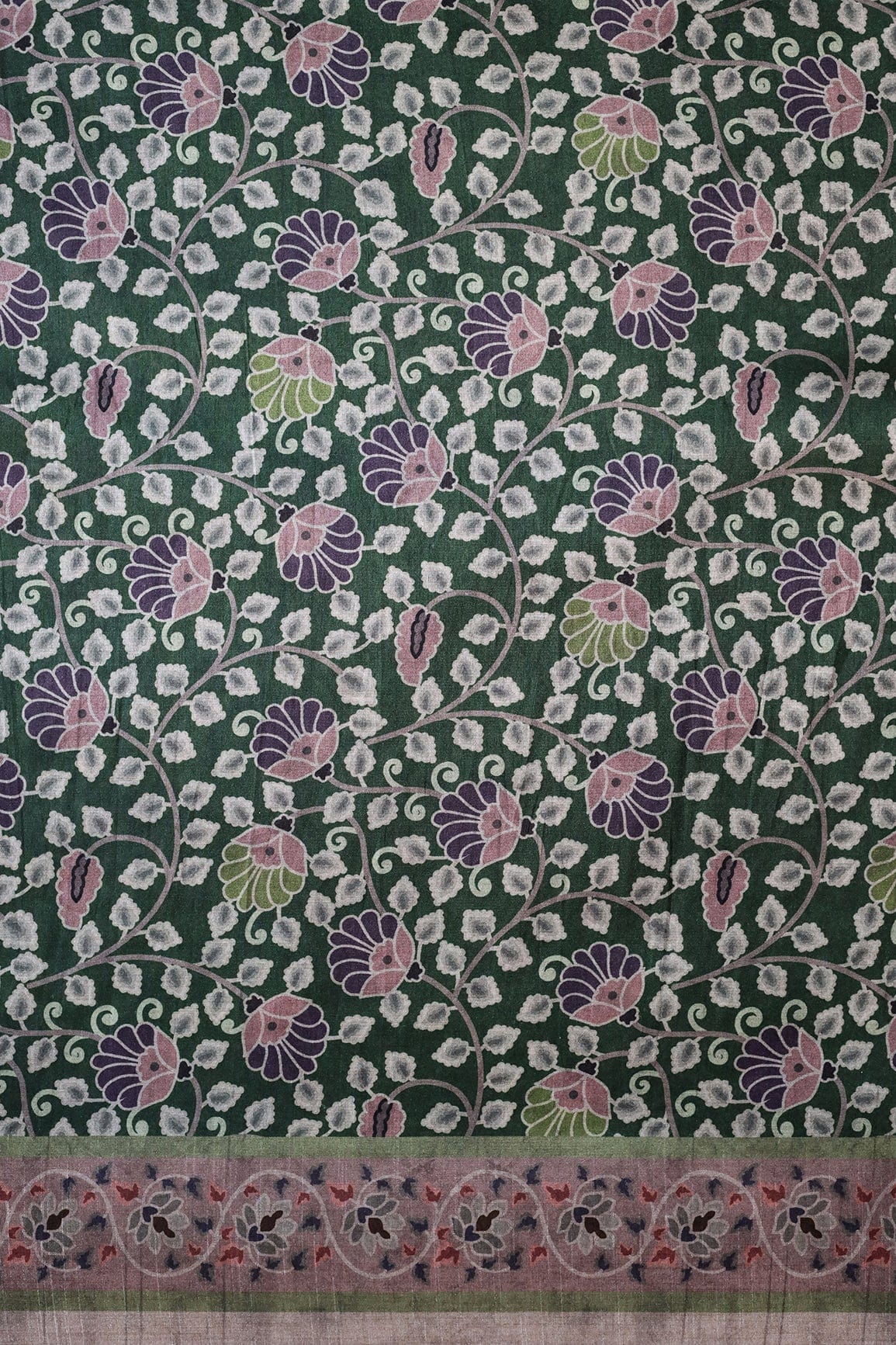 doeraa Prints Bottle Green Floral Pattern Digital Print On Mulberry Silk Fabric With Border