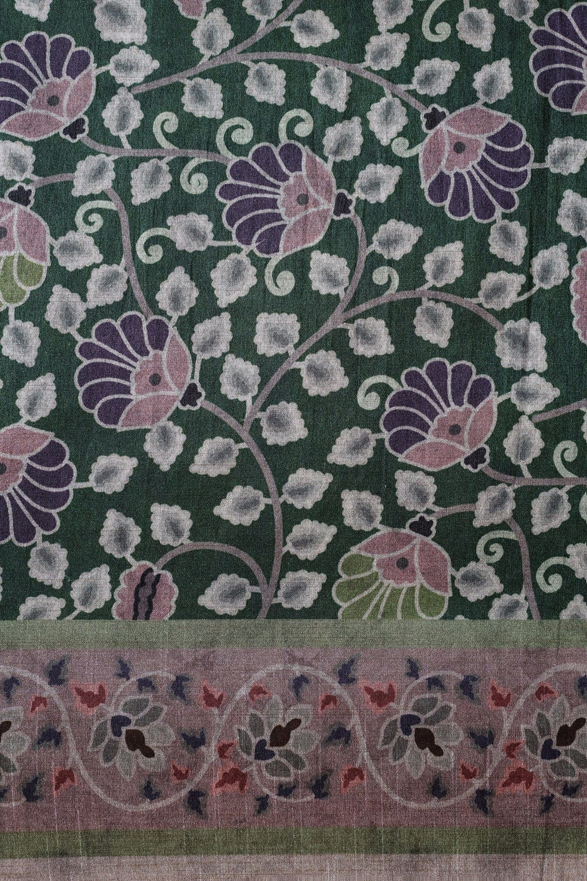 doeraa Prints Bottle Green Floral Pattern Digital Print On Mulberry Silk Fabric With Border