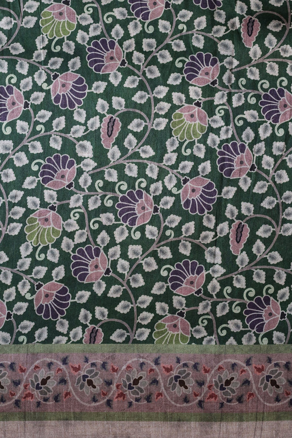 doeraa Prints Bottle Green Floral Pattern Digital Print On Mulberry Silk Fabric With Border