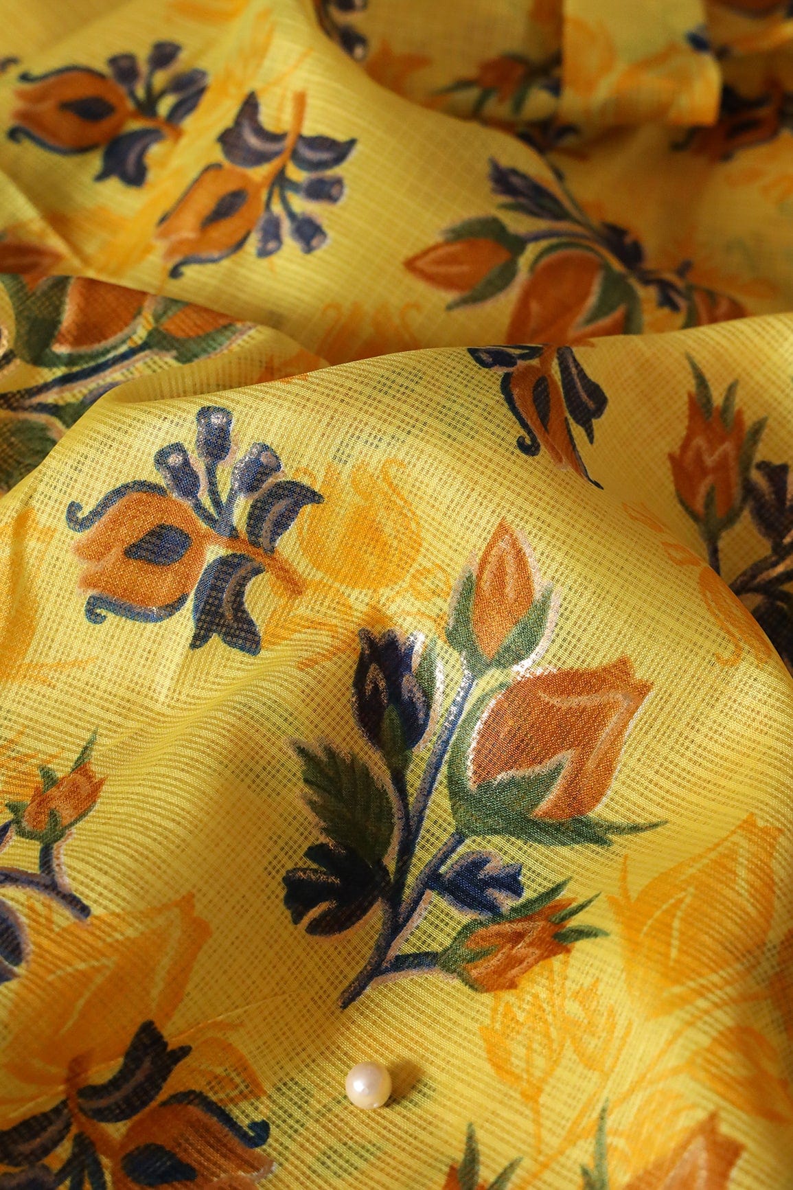 doeraa Prints Brown And Green Floral Pattern Foil Print On Yellow Kota Doria Fabric