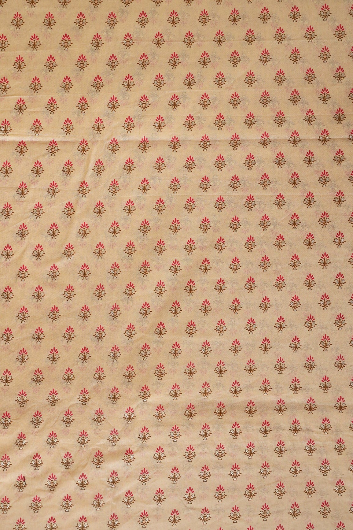 doeraa Prints Dark Pink And Brown Small Floral Booti Foil Print On Beige Organic Cotton Fabric