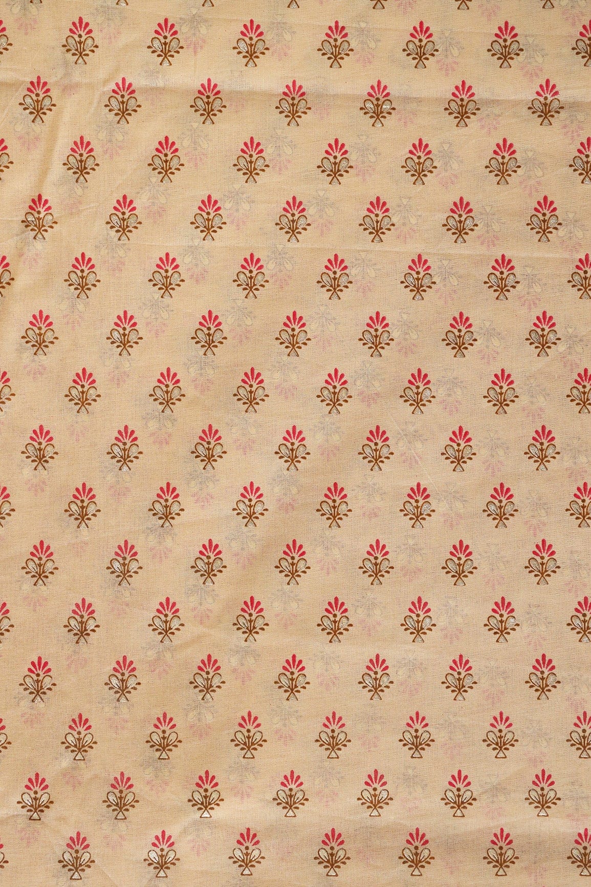 doeraa Prints Dark Pink And Brown Small Floral Booti Foil Print On Beige Organic Cotton Fabric