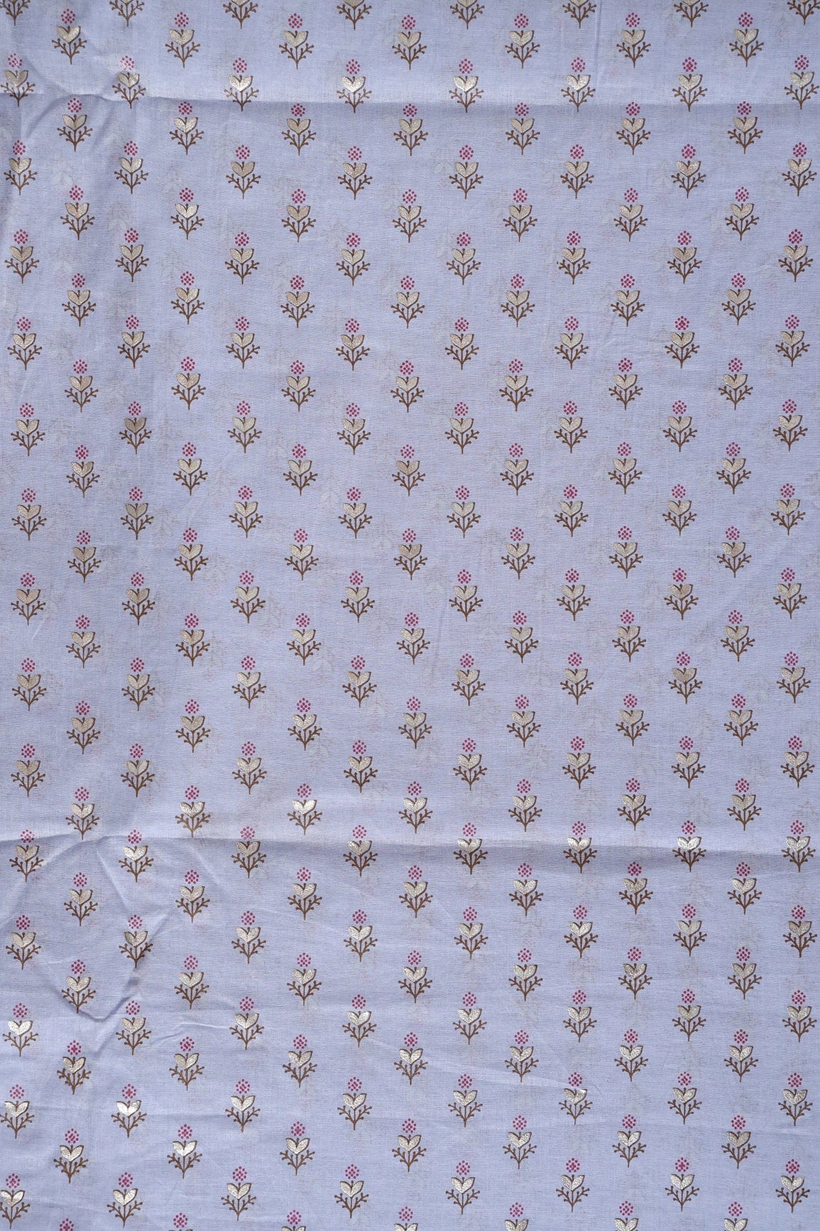doeraa Prints Dark Pink And Brown Small Floral Booti Foil Print On Pastel Blue Organic Cotton Fabric